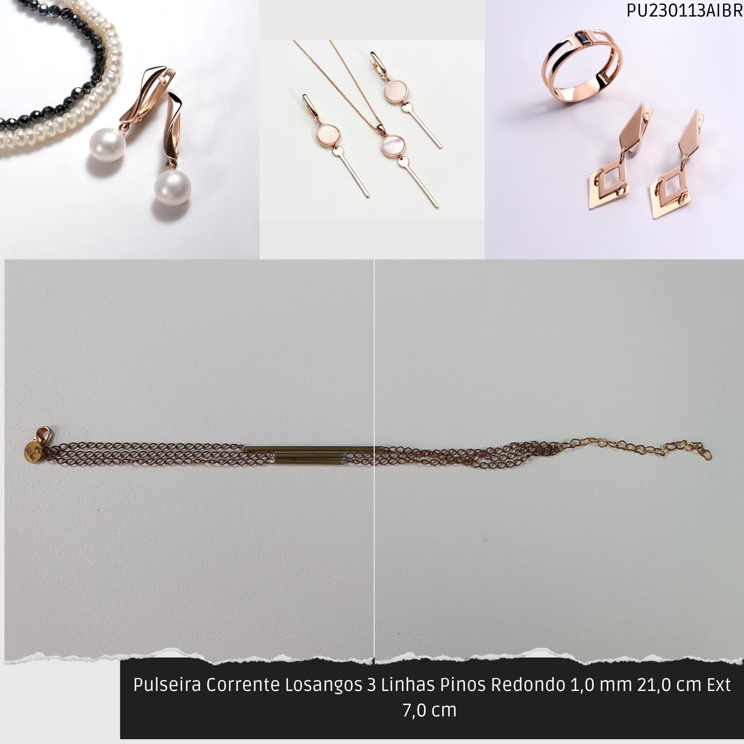 Pulseira Corrente Losangos 3 Linhas Pinos Redondo 1.0 mm 21.0 cm Ext 7.0 cm   - Código.: PU230113AIBR  - Peso.: 6.0 gr