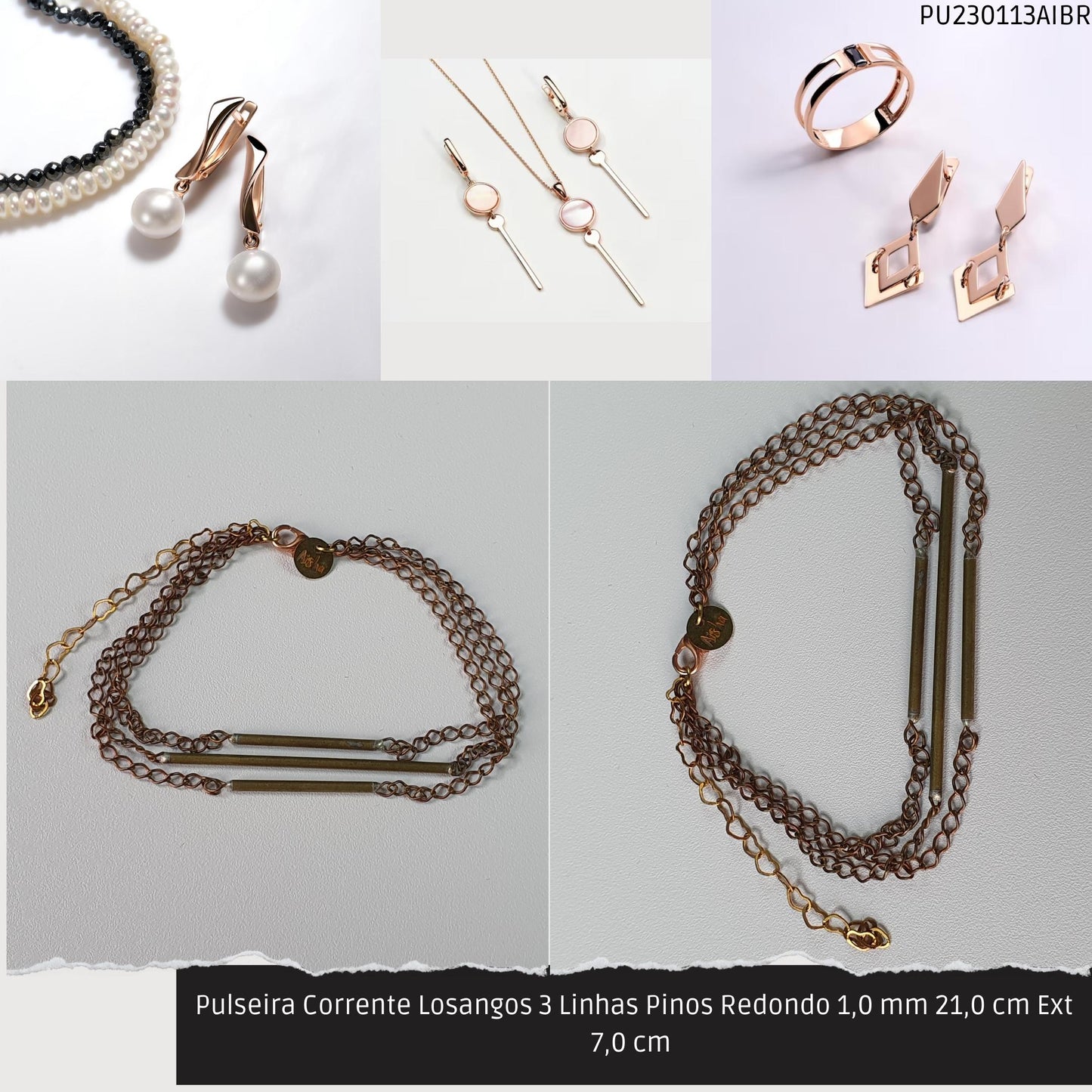 Pulseira Corrente Losangos 3 Linhas Pinos Redondo 1.0 mm 21.0 cm Ext 7.0 cm   - Código.: PU230113AIBR  - Peso.: 6.0 gr