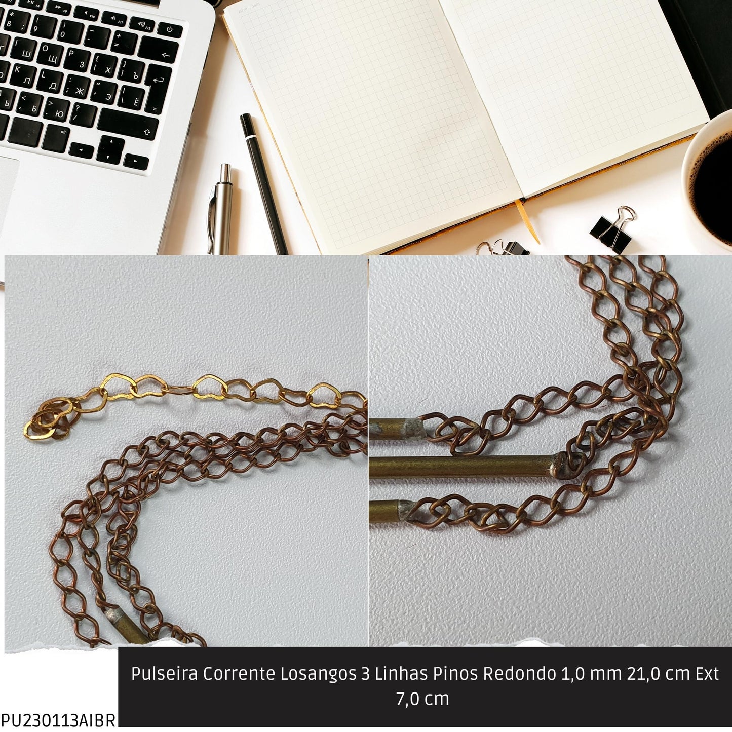 Pulseira Corrente Losangos 3 Linhas Pinos Redondo 1.0 mm 21.0 cm Ext 7.0 cm   - Código.: PU230113AIBR  - Peso.: 6.0 gr