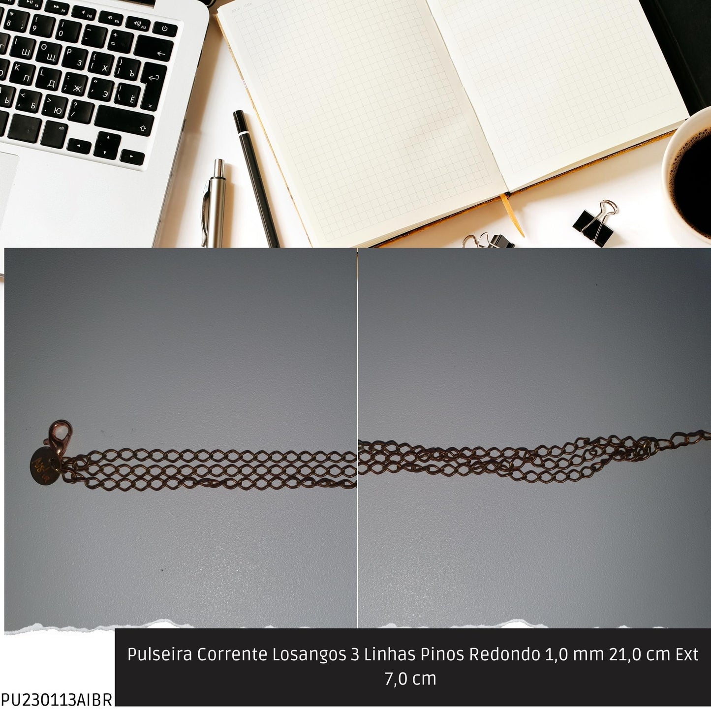 Pulseira Corrente Losangos 3 Linhas Pinos Redondo 1.0 mm 21.0 cm Ext 7.0 cm   - Código.: PU230113AIBR  - Peso.: 6.0 gr