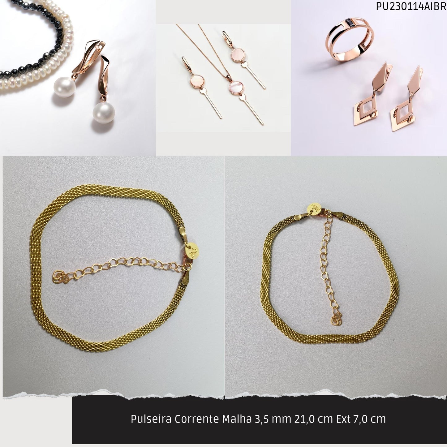Pulseira Corrente Malha 3.5 mm 21.0 cm Ext 7.0 cm   - Código.: PU230114AIBR  - Peso.: 3.8 gr