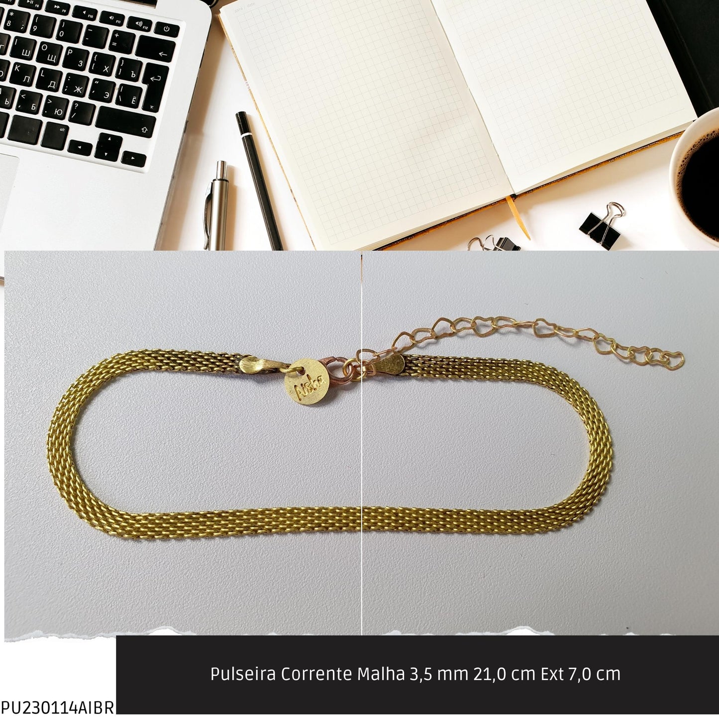 Pulseira Corrente Malha 3.5 mm 21.0 cm Ext 7.0 cm   - Código.: PU230114AIBR  - Peso.: 3.8 gr