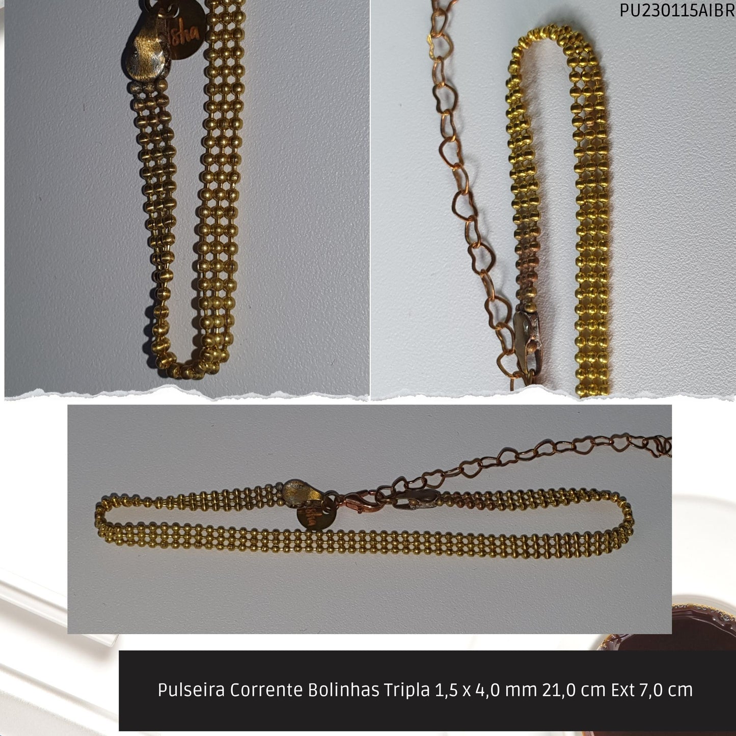 Pulseira Corrente Bolinhas Tripla 1.5 x 4.0 mm 21.0 cm Ext 7.0 cm   - Código.: PU230115AIBR  - Peso.: 4.2 gr
