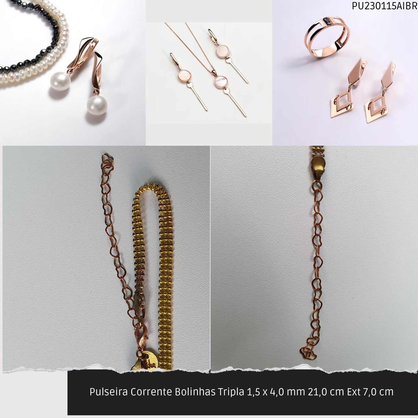Pulseira Corrente Bolinhas Tripla 1.5 x 4.0 mm 21.0 cm Ext 7.0 cm   - Código.: PU230115AIBR  - Peso.: 4.2 gr
