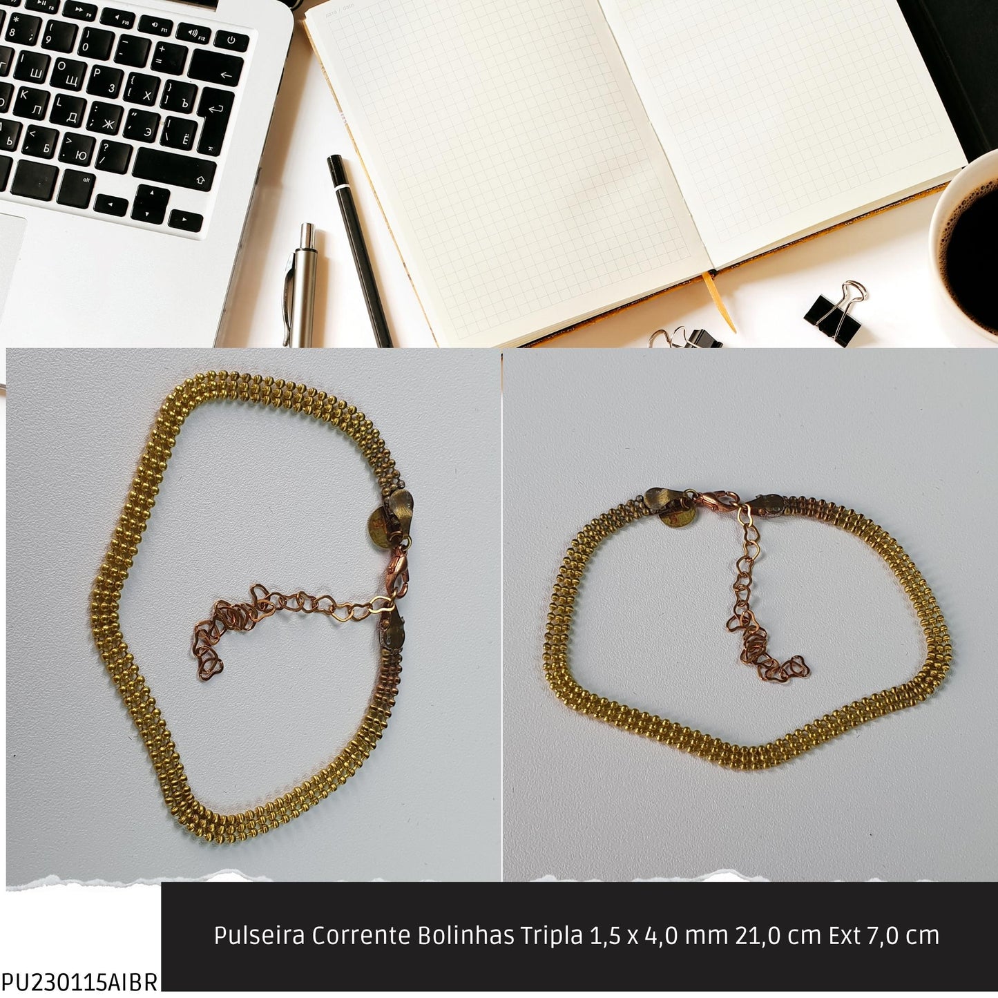 Pulseira Corrente Bolinhas Tripla 1.5 x 4.0 mm 21.0 cm Ext 7.0 cm   - Código.: PU230115AIBR  - Peso.: 4.2 gr