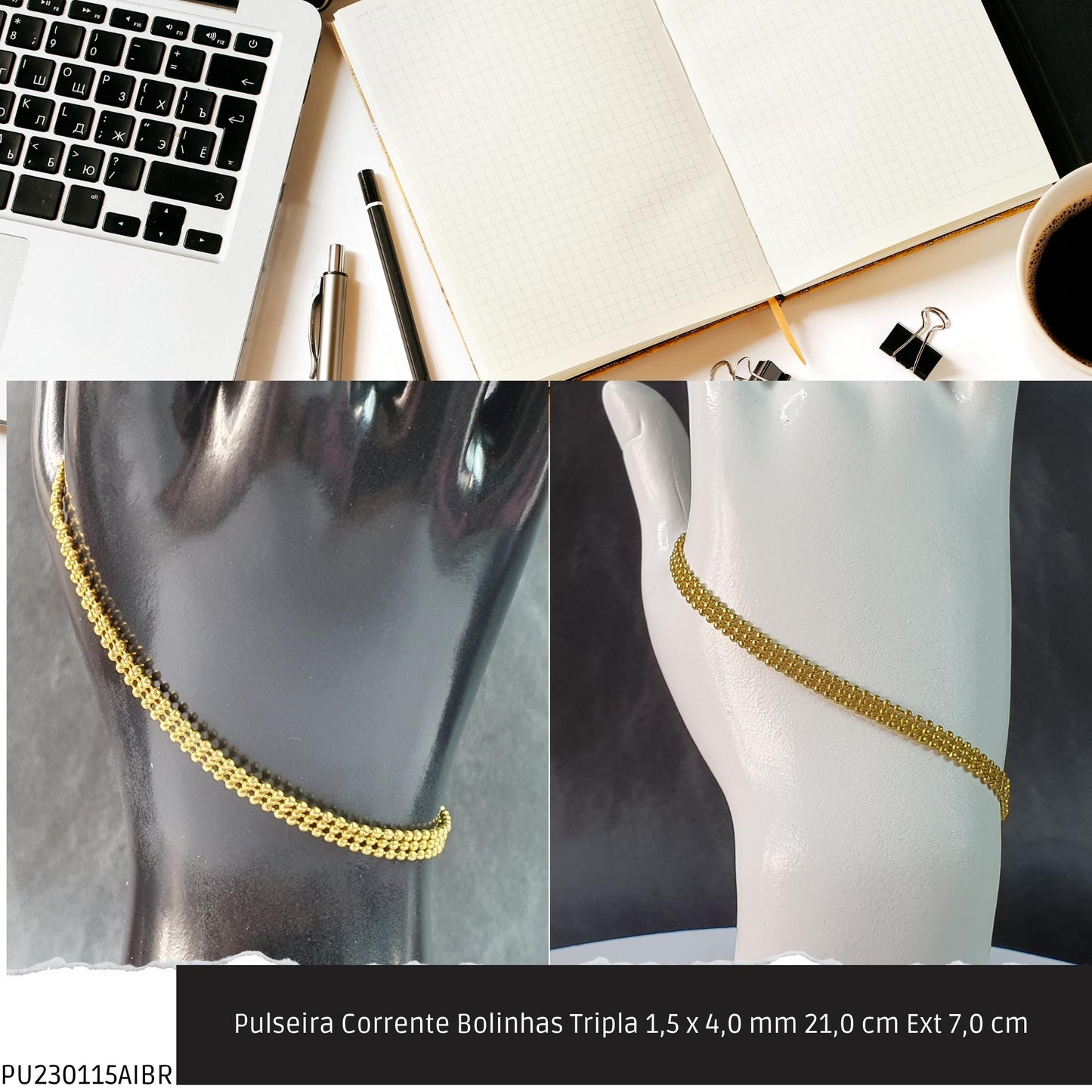Pulseira Corrente Bolinhas Tripla 1.5 x 4.0 mm 21.0 cm Ext 7.0 cm   - Código.: PU230115AIBR  - Peso.: 4.2 gr