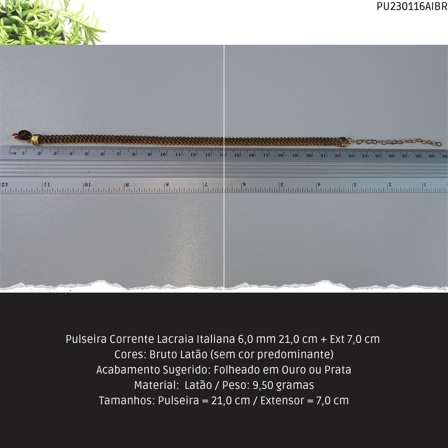Pulseira Corrente Lacraia Italiana 6.0 mm 21.0 cm + Ext 7.0 cm   - Código.: PU230116AIBR  - Peso.: 9.5 gr