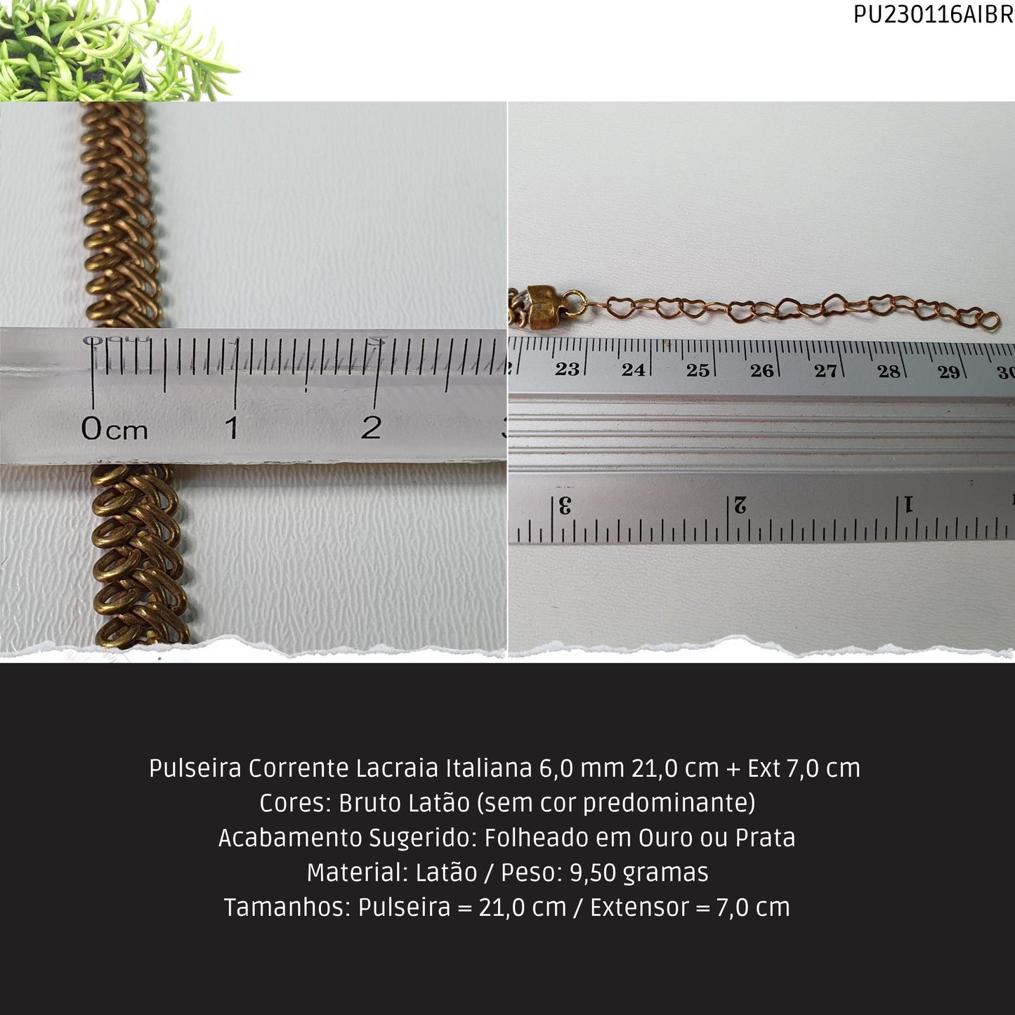 Pulseira Corrente Lacraia Italiana 6.0 mm 21.0 cm + Ext 7.0 cm   - Código.: PU230116AIBR  - Peso.: 9.5 gr
