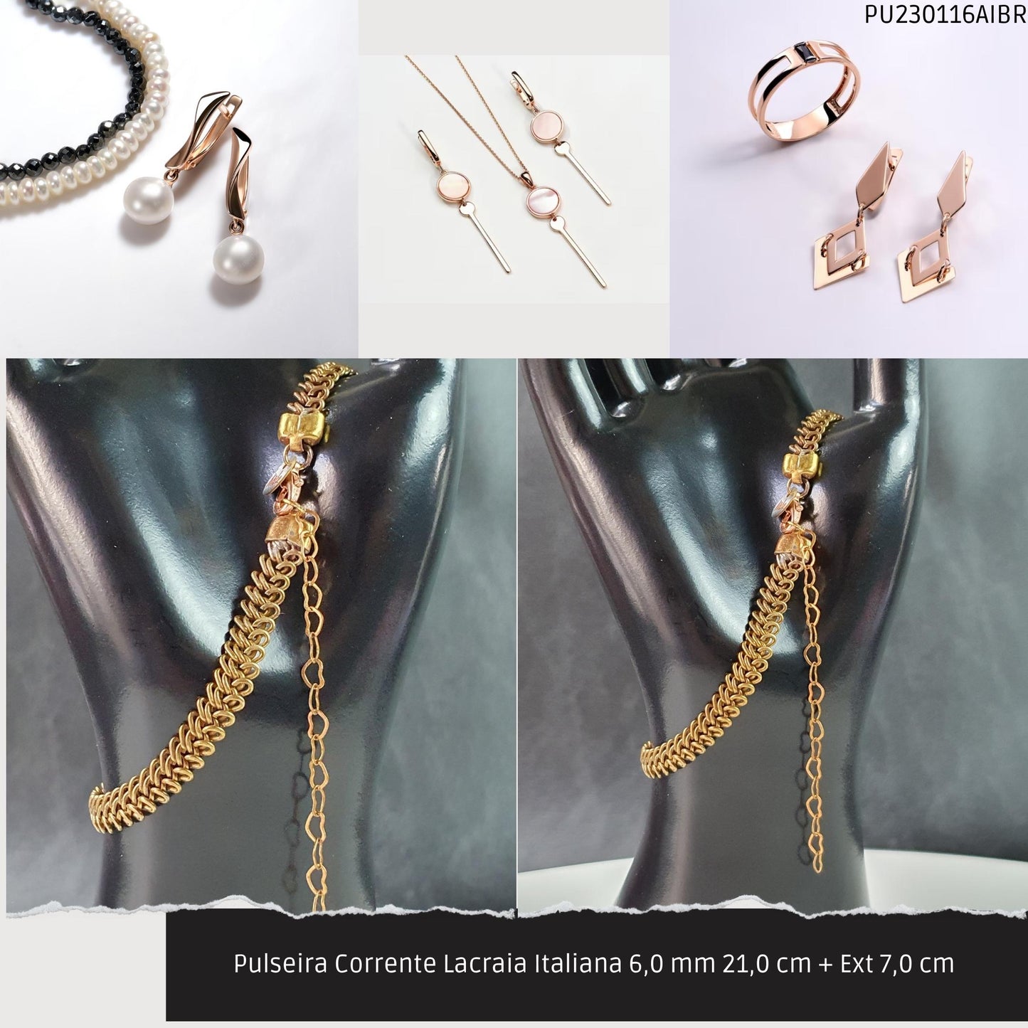 Pulseira Corrente Lacraia Italiana 6.0 mm 21.0 cm + Ext 7.0 cm   - Código.: PU230116AIBR  - Peso.: 9.5 gr