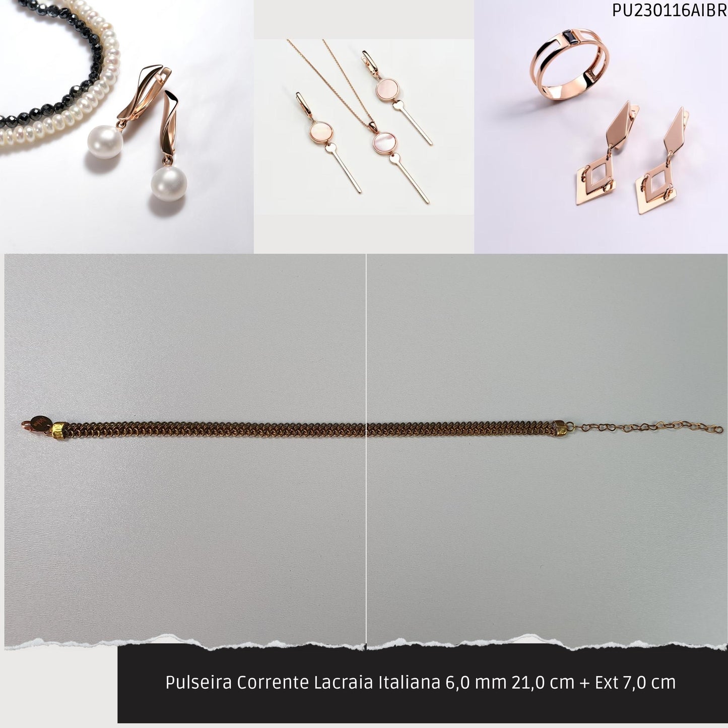 Pulseira Corrente Lacraia Italiana 6.0 mm 21.0 cm + Ext 7.0 cm   - Código.: PU230116AIBR  - Peso.: 9.5 gr