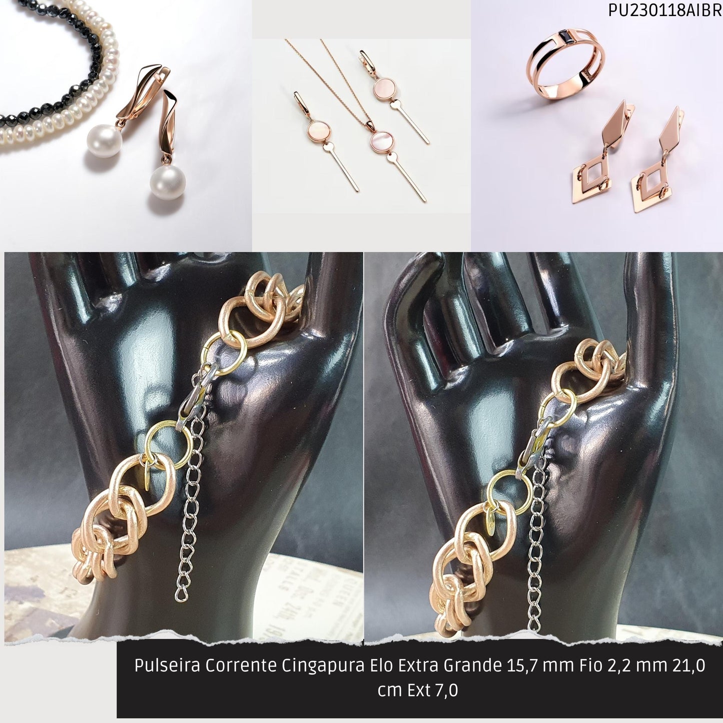 Pulseira Corrente Singapura Elo Extra Grande 15.7 mm Fio 2.2 mm 21.0 cm Ext 7.0   - Código.: PU230118AIBR  - Peso.: 59.0 gr