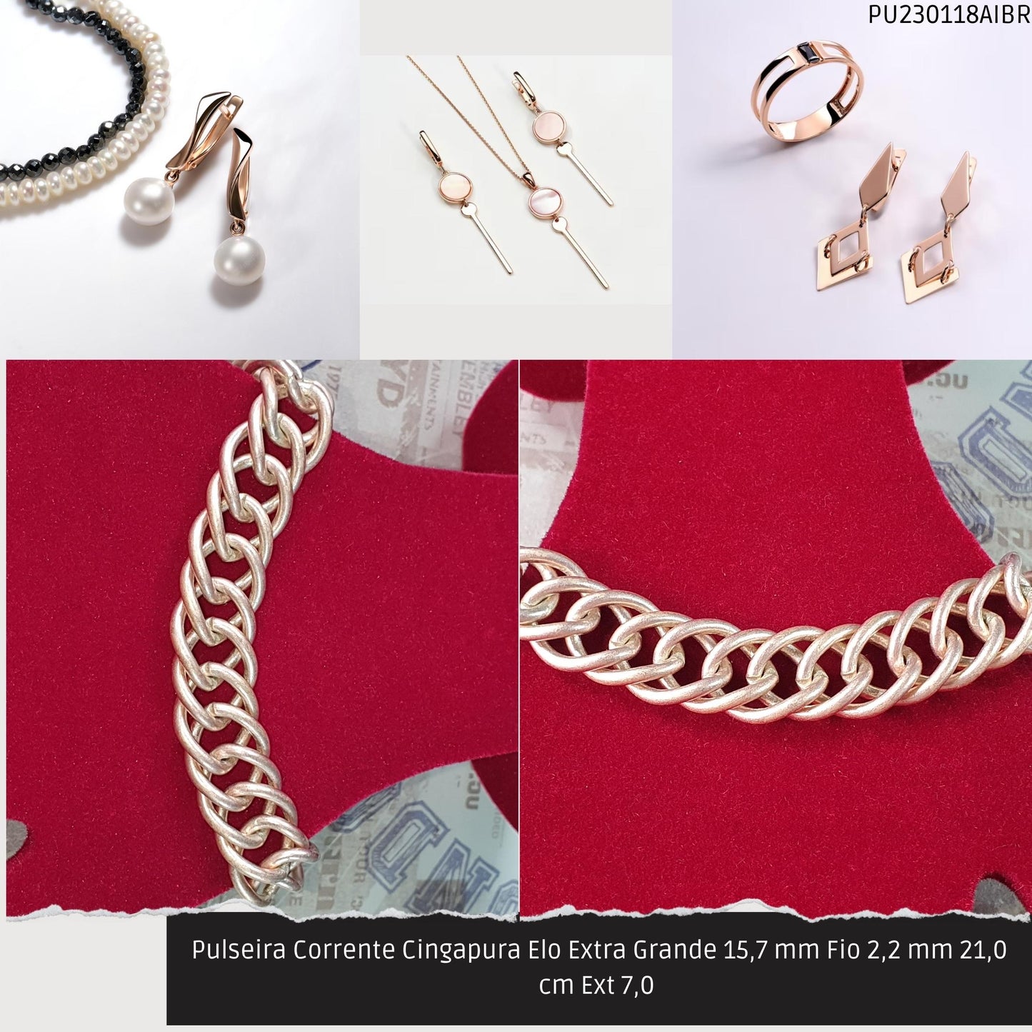 Pulseira Corrente Singapura Elo Extra Grande 15.7 mm Fio 2.2 mm 21.0 cm Ext 7.0   - Código.: PU230118AIBR  - Peso.: 59.0 gr
