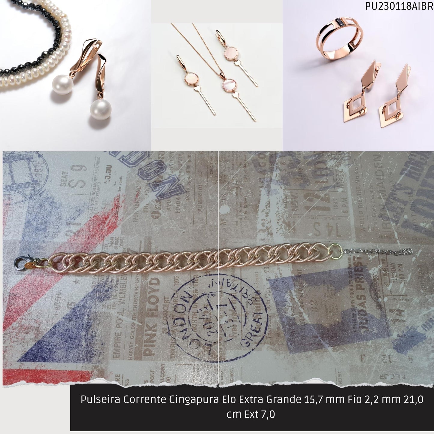 Pulseira Corrente Singapura Elo Extra Grande 15.7 mm Fio 2.2 mm 21.0 cm Ext 7.0   - Código.: PU230118AIBR  - Peso.: 59.0 gr