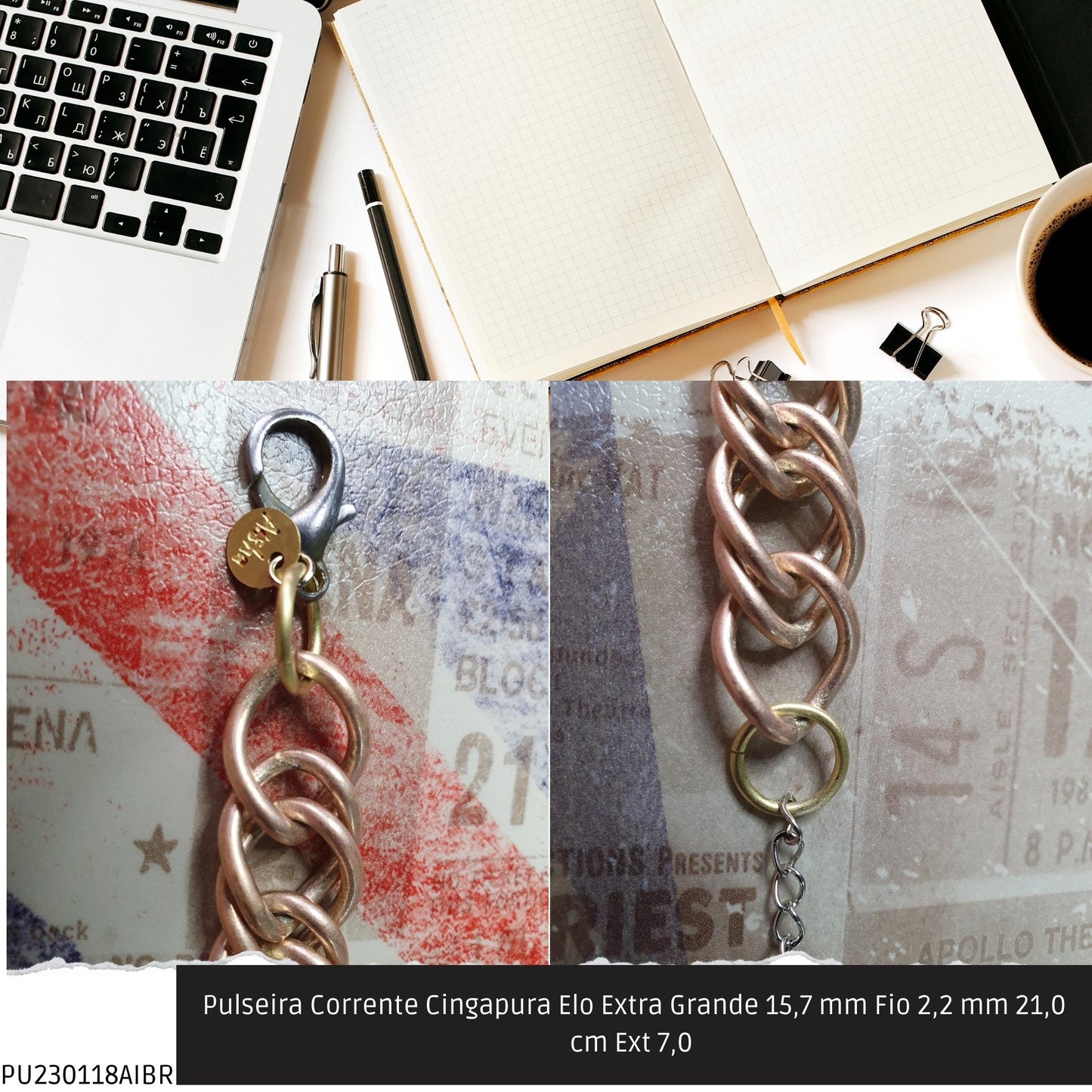 Pulseira Corrente Singapura Elo Extra Grande 15.7 mm Fio 2.2 mm 21.0 cm Ext 7.0   - Código.: PU230118AIBR  - Peso.: 59.0 gr