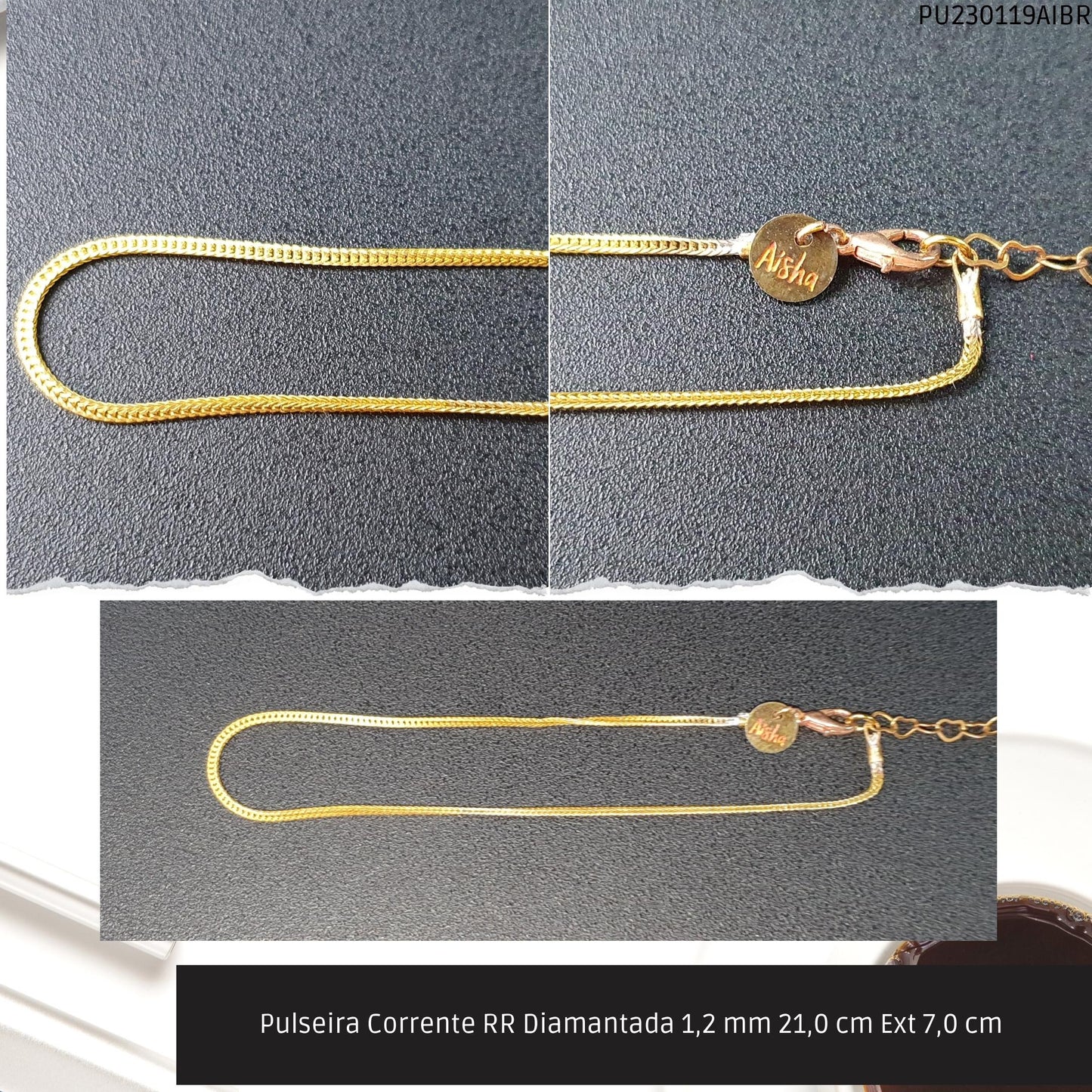 Pulseira Corrente RR Diamantada 1.2 mm 21.0 cm Ext 7.0 cm   - Código.: PU230119AIBR  - Peso.: 1.8 gr