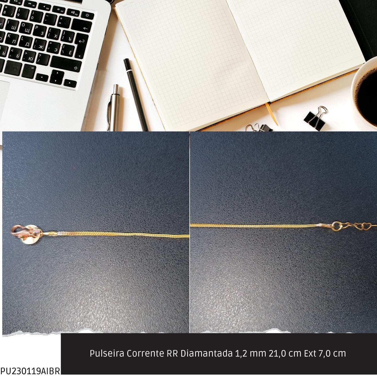 Pulseira Corrente RR Diamantada 1.2 mm 21.0 cm Ext 7.0 cm   - Código.: PU230119AIBR  - Peso.: 1.8 gr