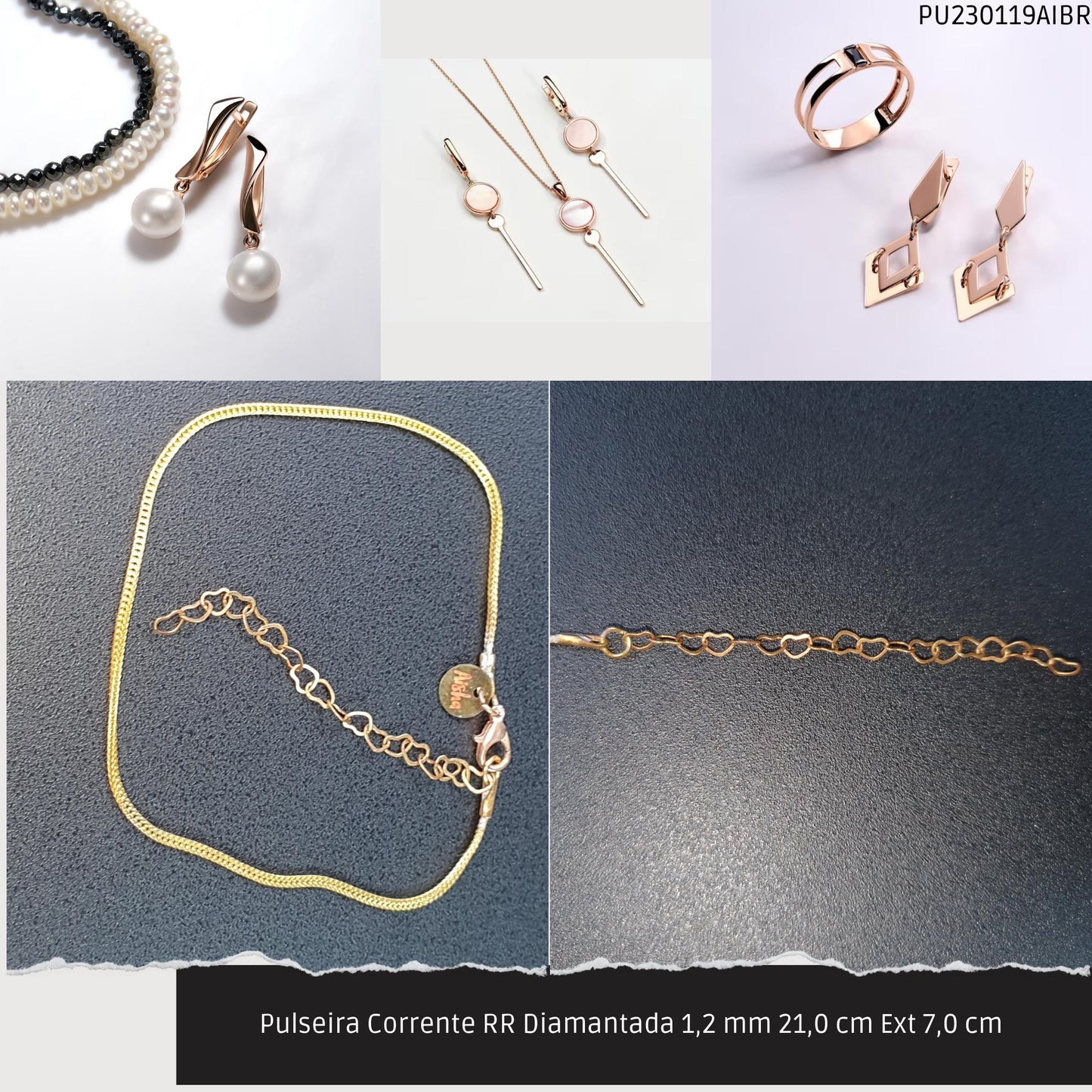 Pulseira Corrente RR Diamantada 1.2 mm 21.0 cm Ext 7.0 cm   - Código.: PU230119AIBR  - Peso.: 1.8 gr