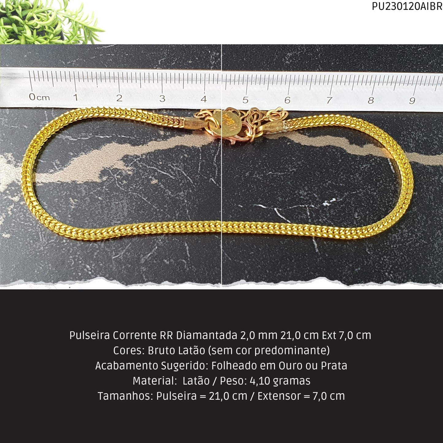 Pulseira Corrente RR Diamantada 2.0 mm 21.0 cm Ext 7.0 cm   - Código.: PU230120AIBR  - Peso.: 4.1 gr