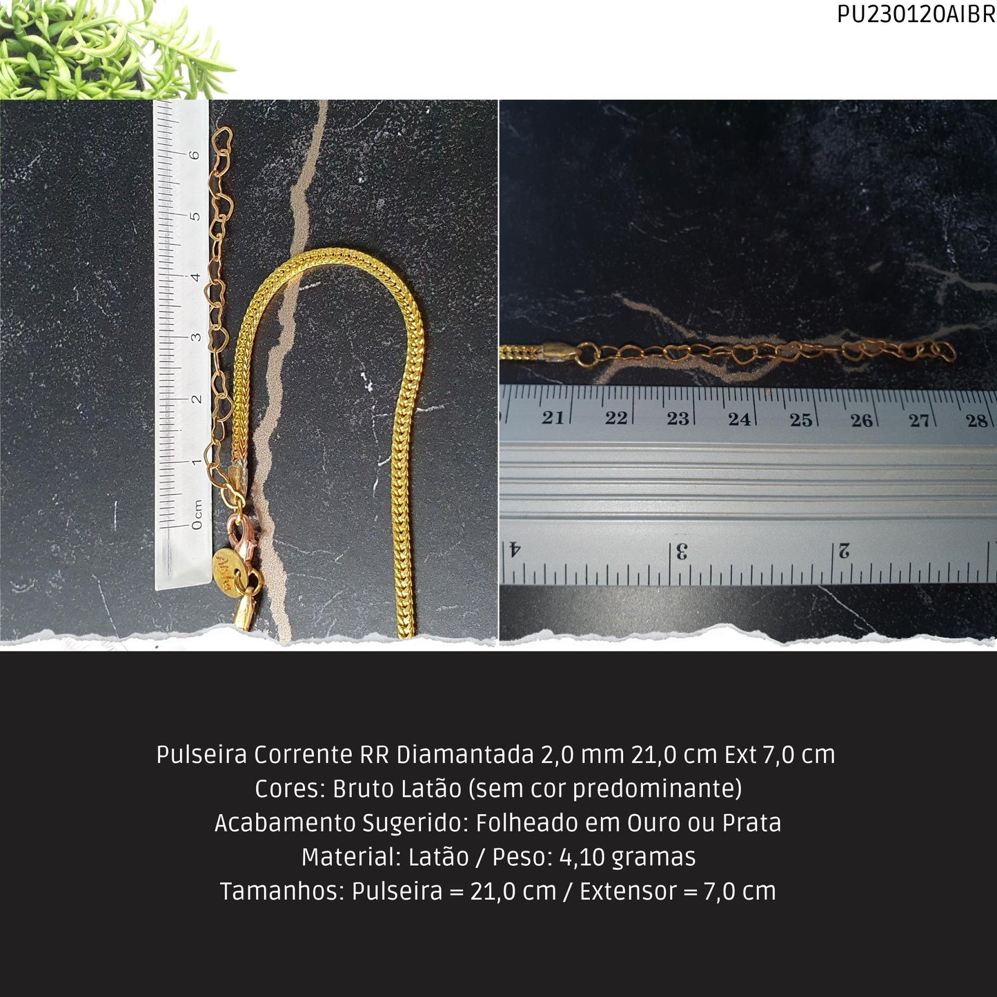 Pulseira Corrente RR Diamantada 2.0 mm 21.0 cm Ext 7.0 cm   - Código.: PU230120AIBR  - Peso.: 4.1 gr
