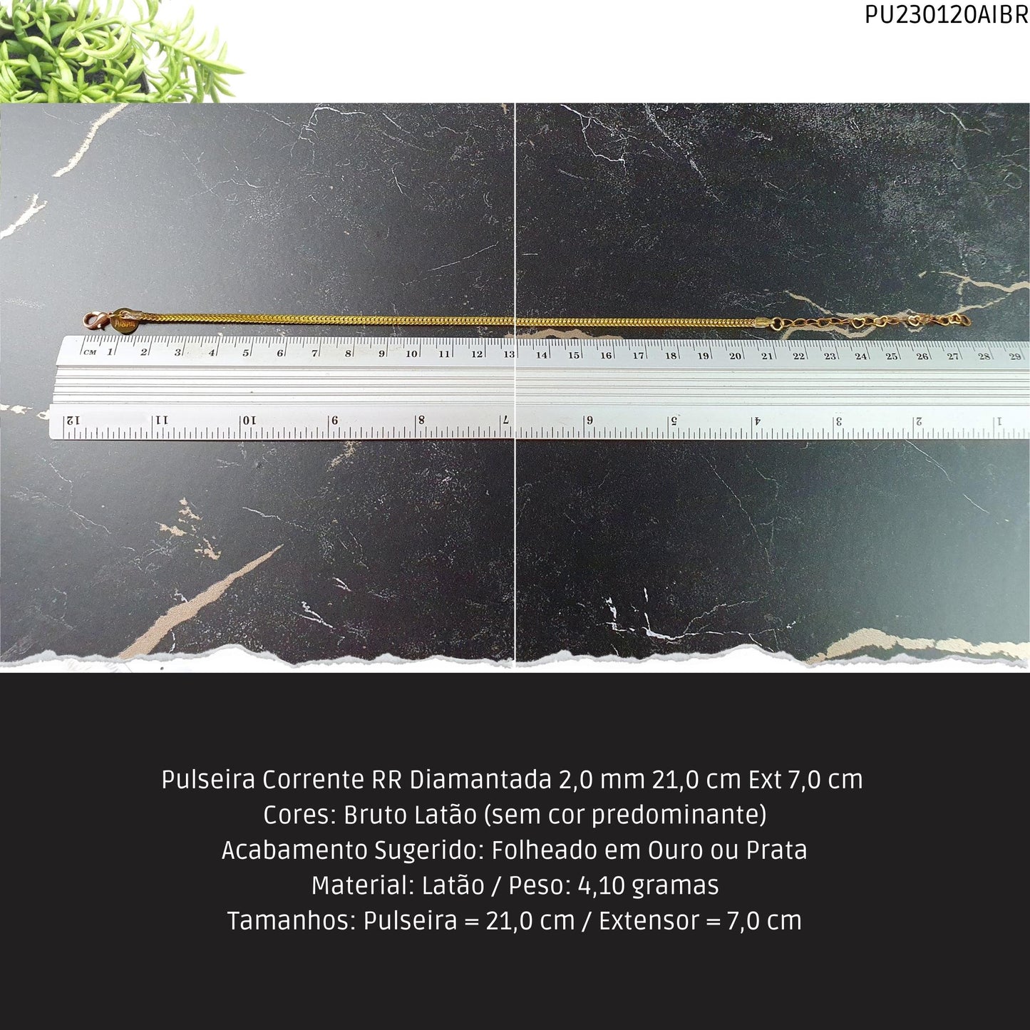 Pulseira Corrente RR Diamantada 2.0 mm 21.0 cm Ext 7.0 cm   - Código.: PU230120AIBR  - Peso.: 4.1 gr