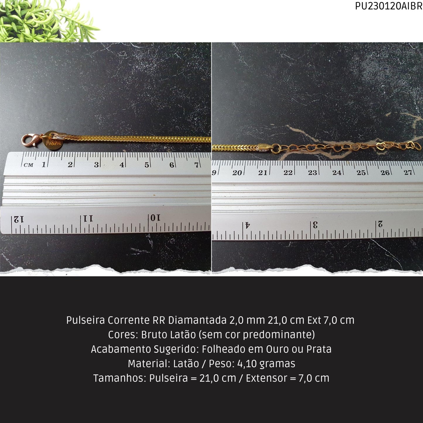 Pulseira Corrente RR Diamantada 2.0 mm 21.0 cm Ext 7.0 cm   - Código.: PU230120AIBR  - Peso.: 4.1 gr