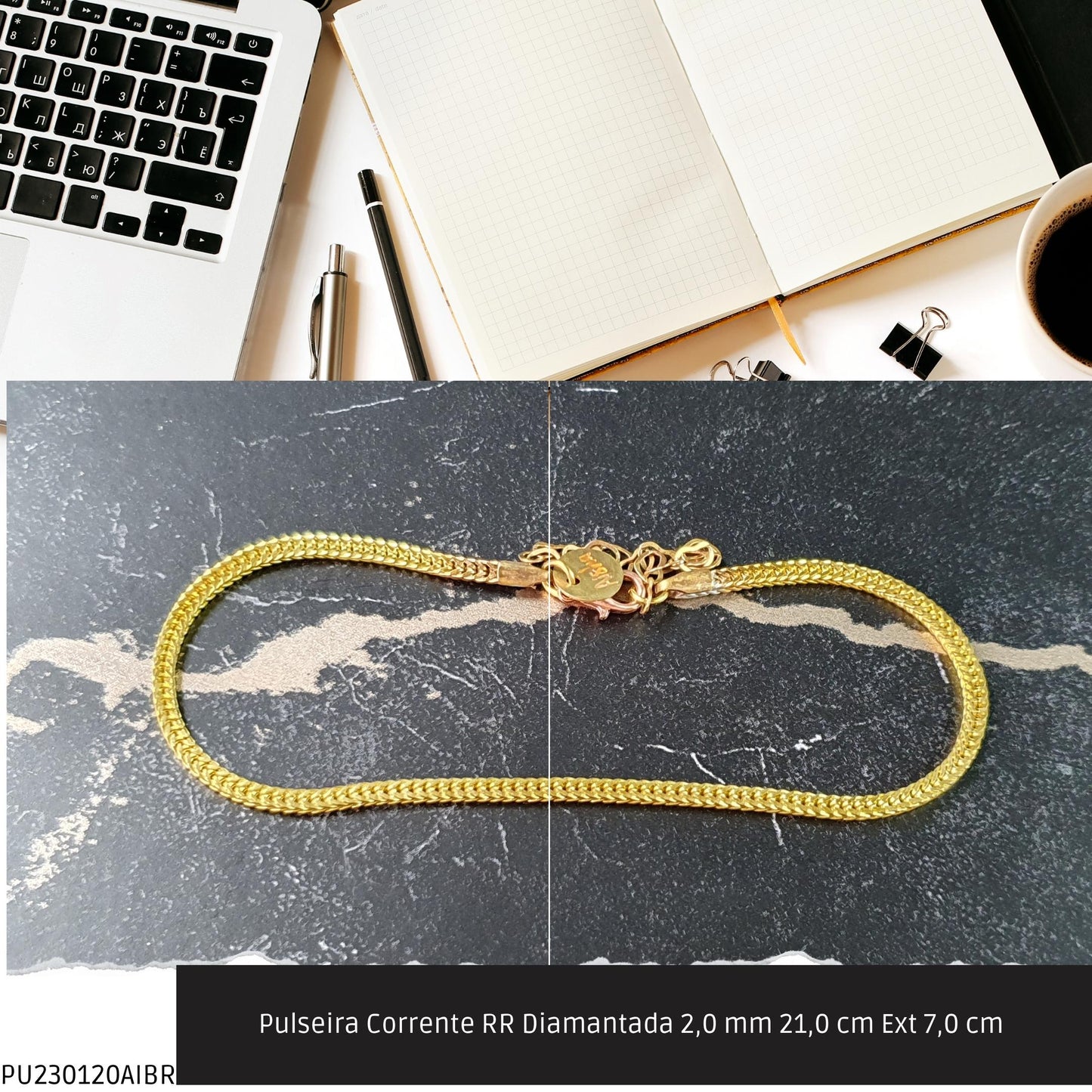 Pulseira Corrente RR Diamantada 2.0 mm 21.0 cm Ext 7.0 cm   - Código.: PU230120AIBR  - Peso.: 4.1 gr