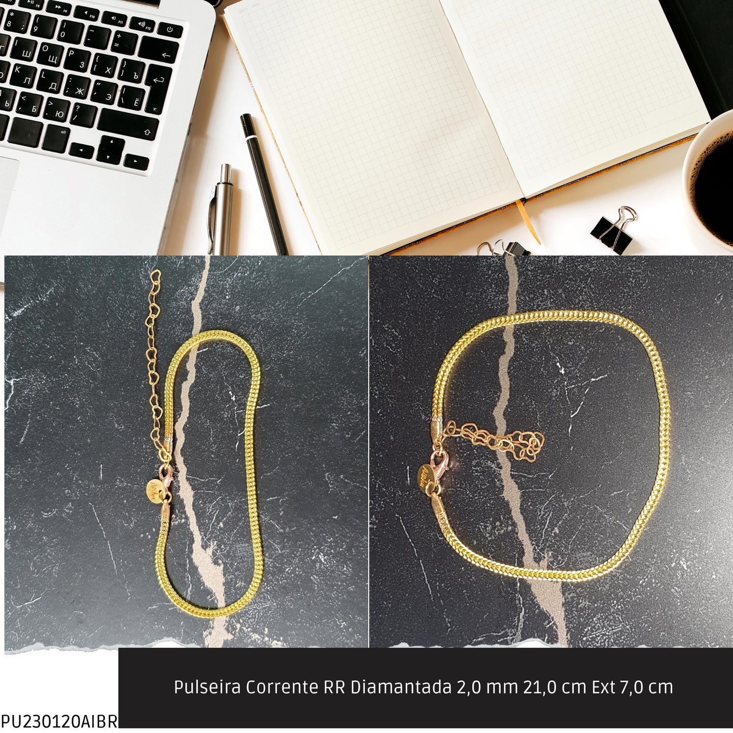 Pulseira Corrente RR Diamantada 2.0 mm 21.0 cm Ext 7.0 cm   - Código.: PU230120AIBR  - Peso.: 4.1 gr