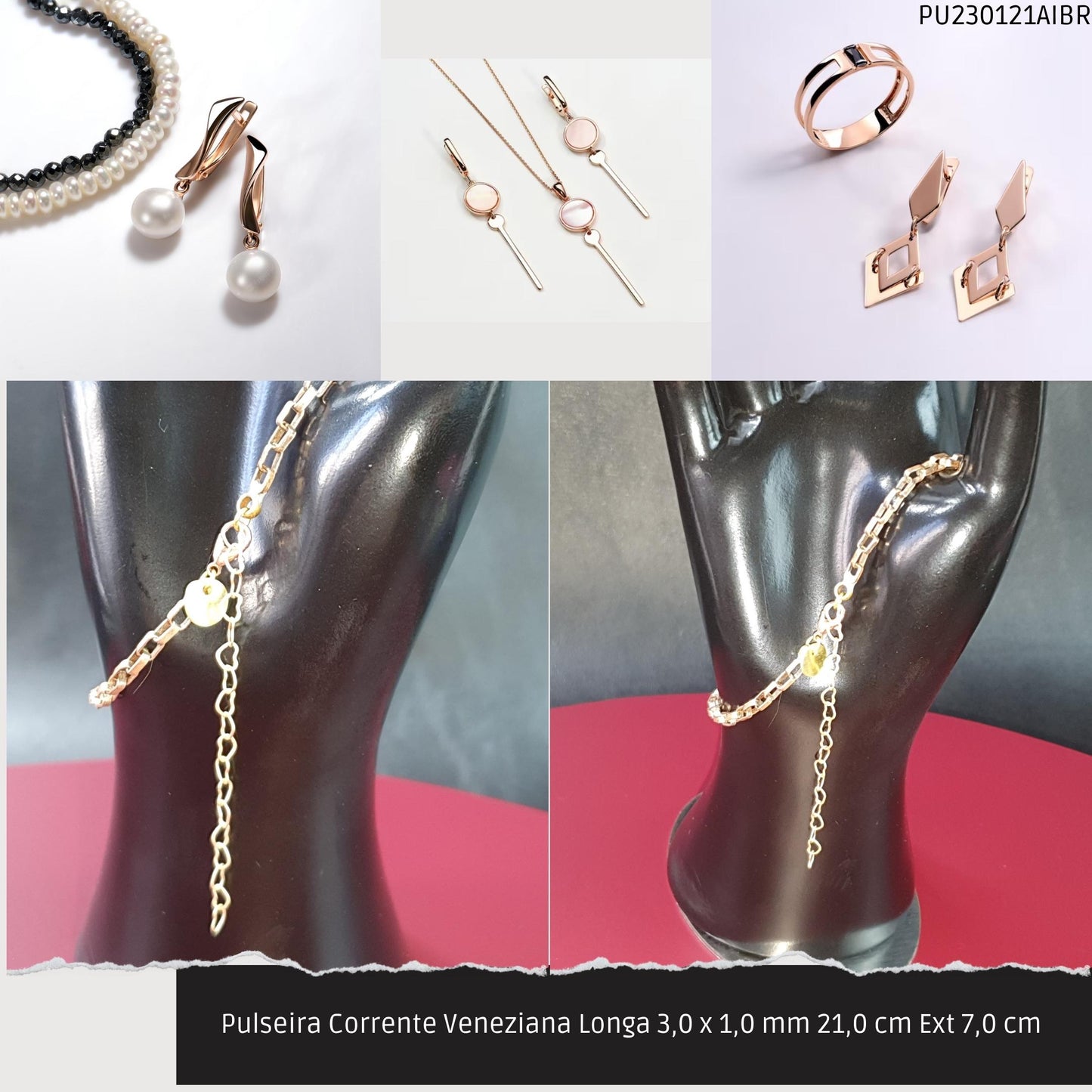 Pulseira Corrente Veneziana Longa 3.0 x 1.0 mm 21.0 cm Ext 7.0 cm   - Código.: PU230121AIBR  - Peso.: 4.6 gr
