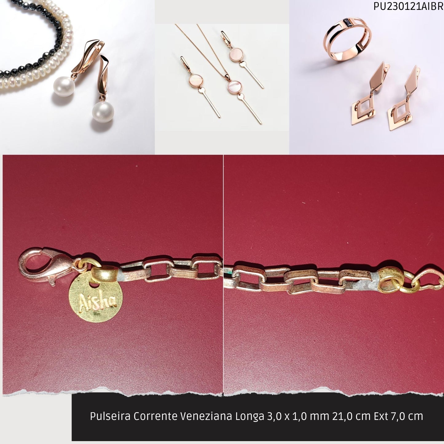 Pulseira Corrente Veneziana Longa 3.0 x 1.0 mm 21.0 cm Ext 7.0 cm   - Código.: PU230121AIBR  - Peso.: 4.6 gr