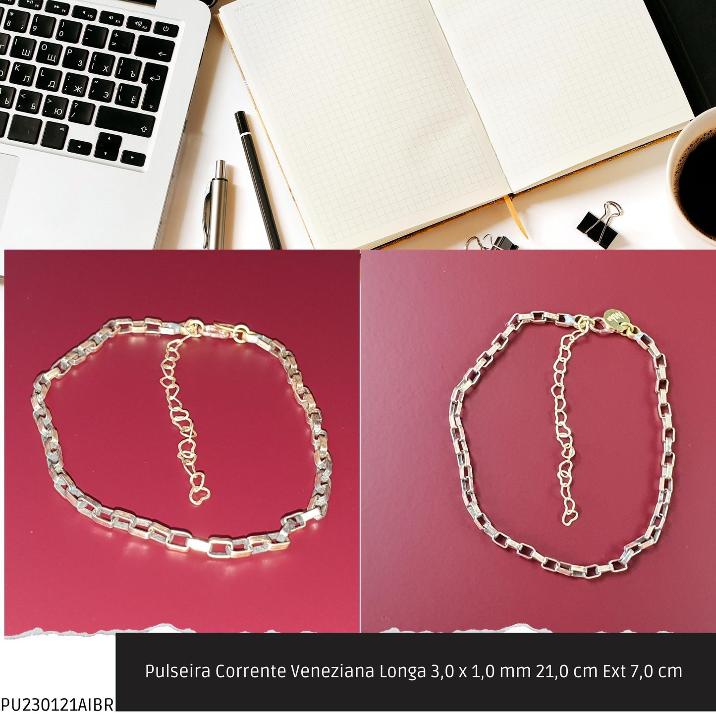 Pulseira Corrente Veneziana Longa 3.0 x 1.0 mm 21.0 cm Ext 7.0 cm   - Código.: PU230121AIBR  - Peso.: 4.6 gr