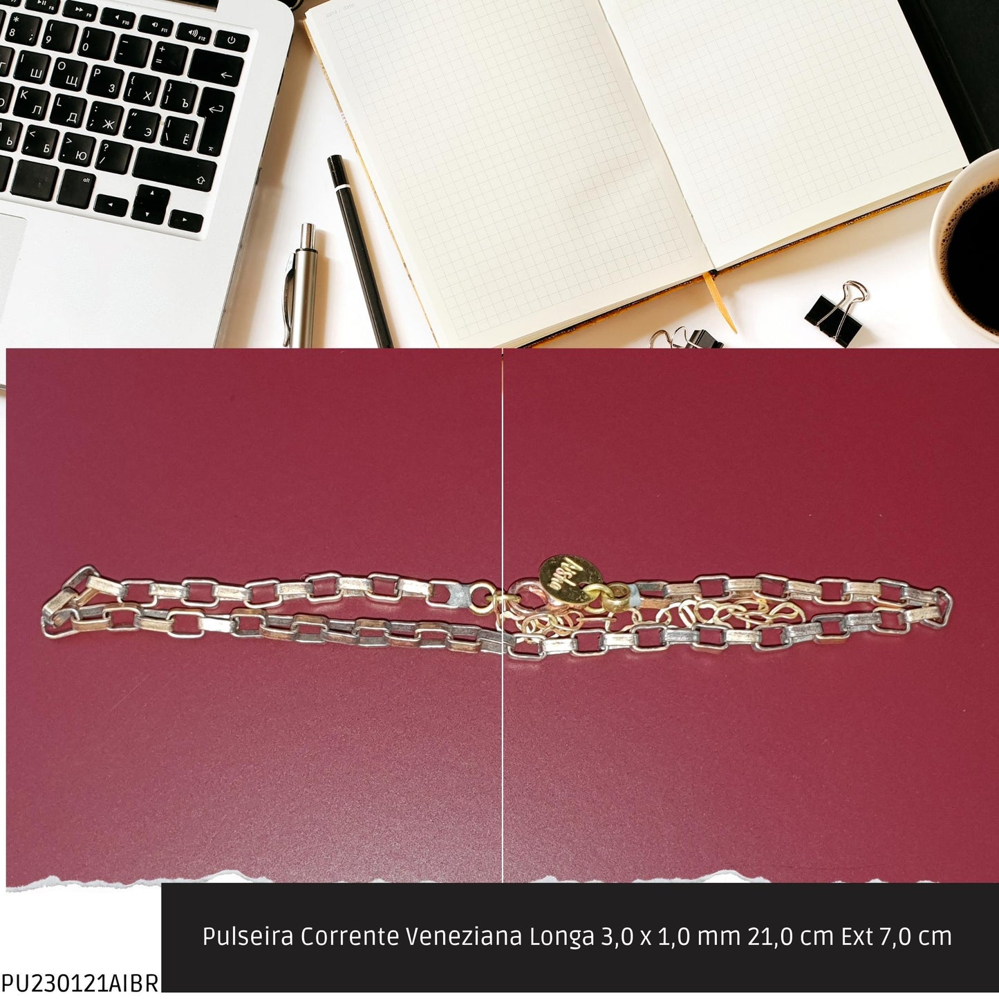 Pulseira Corrente Veneziana Longa 3.0 x 1.0 mm 21.0 cm Ext 7.0 cm   - Código.: PU230121AIBR  - Peso.: 4.6 gr