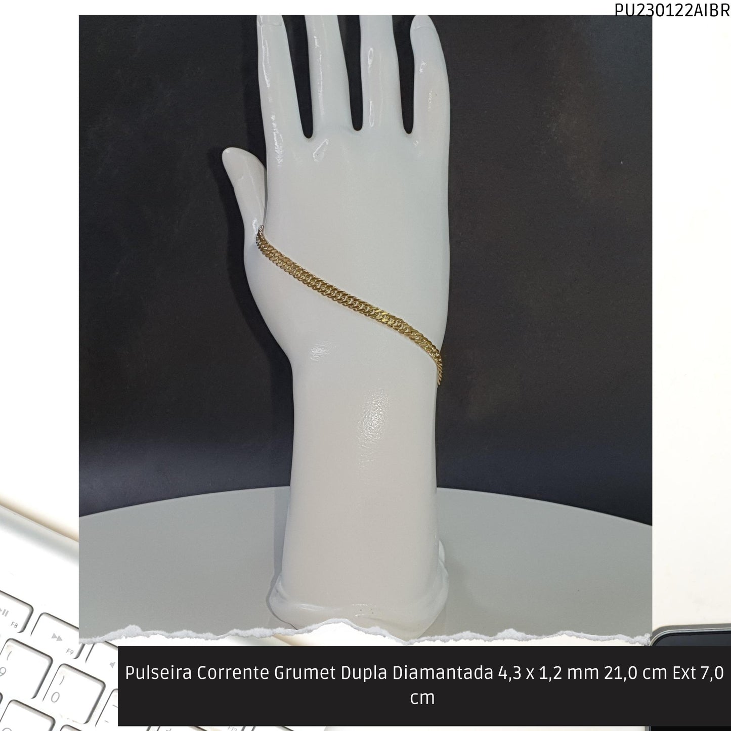 Pulseira Corrente Grumet Dupla Diamantada 4.3 x 1.2 mm 21.0 cm Ext 7.0 cm   - Código.: PU230122AIBR  - Peso.: 6.3 gr