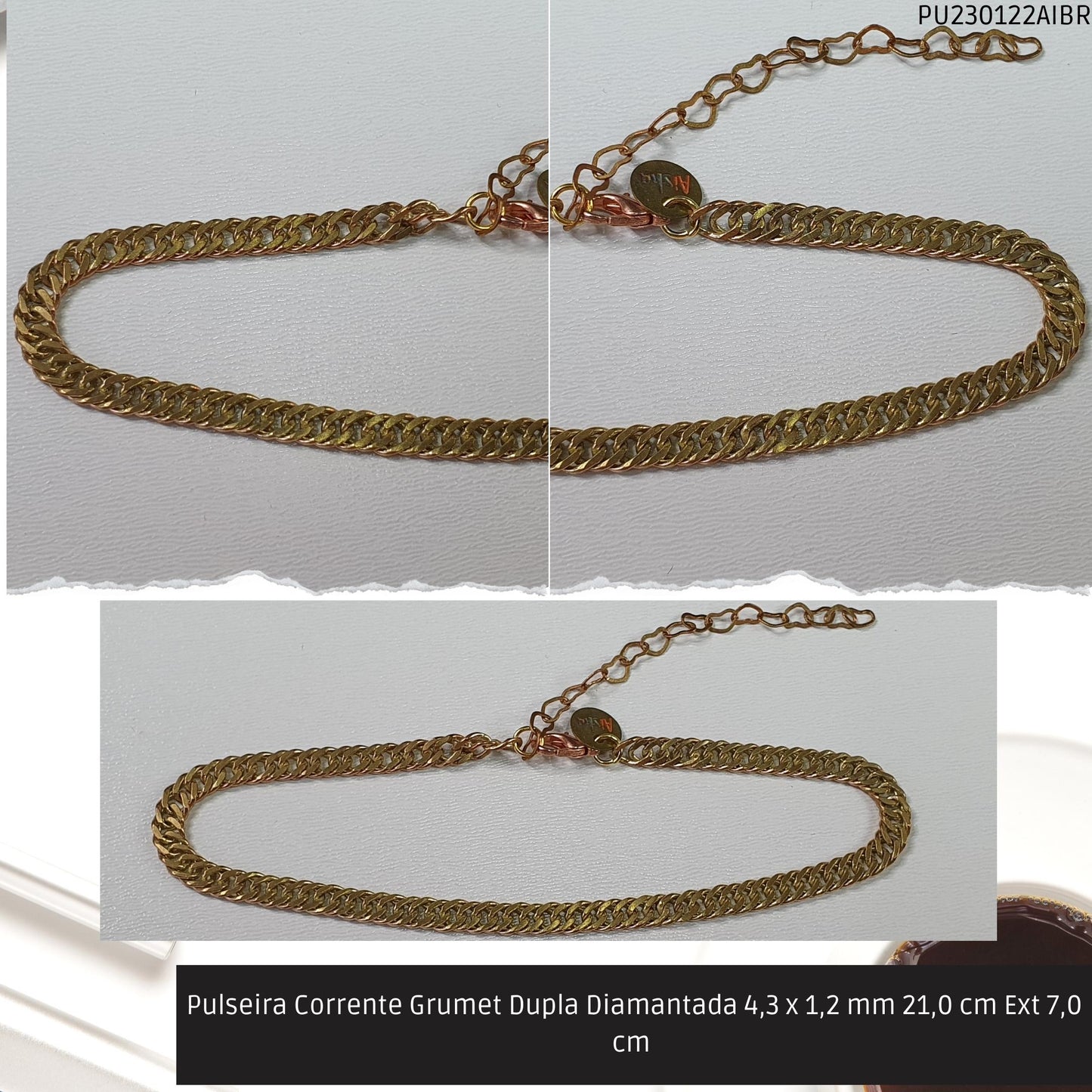 Pulseira Corrente Grumet Dupla Diamantada 4.3 x 1.2 mm 21.0 cm Ext 7.0 cm   - Código.: PU230122AIBR  - Peso.: 6.3 gr