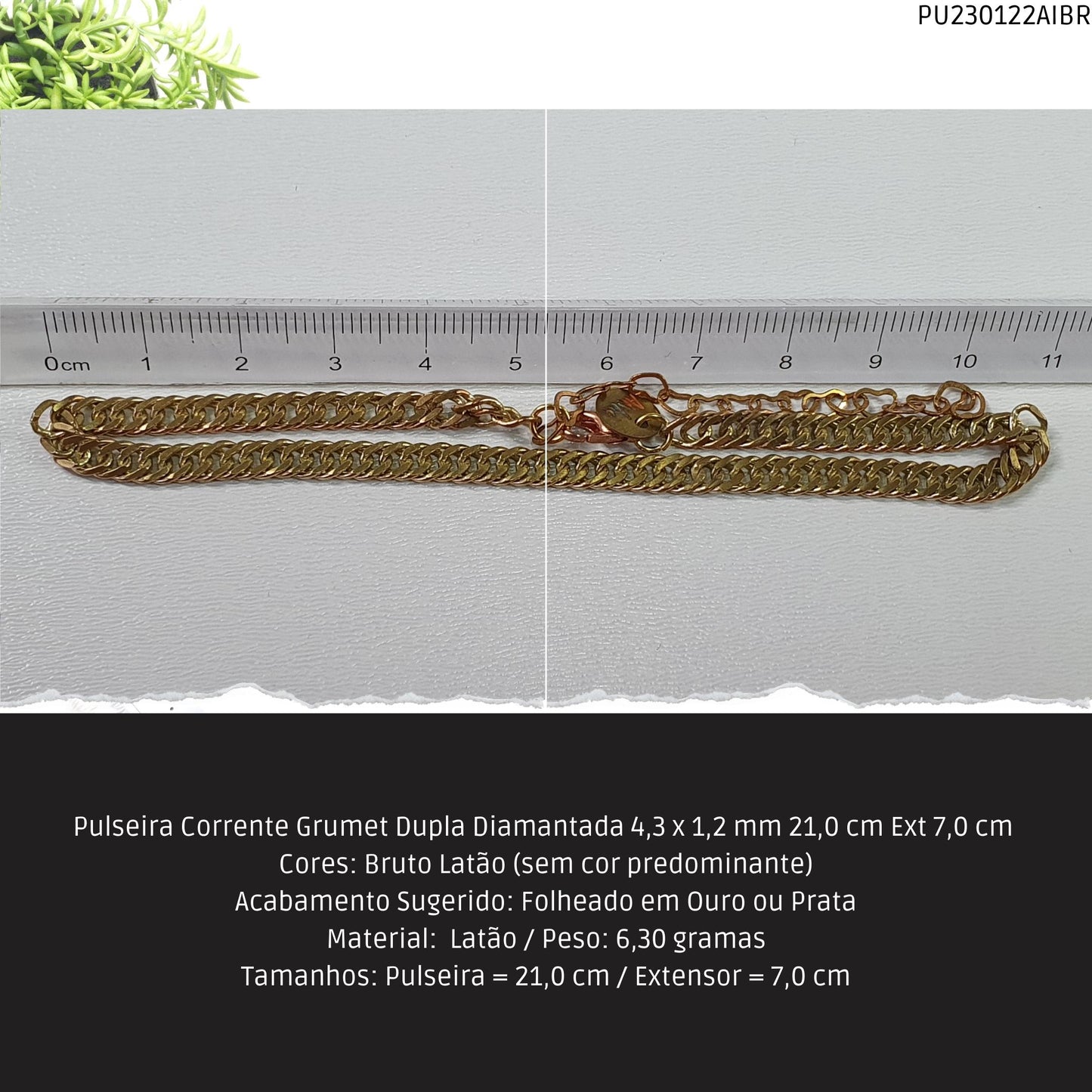 Pulseira Corrente Grumet Dupla Diamantada 4.3 x 1.2 mm 21.0 cm Ext 7.0 cm   - Código.: PU230122AIBR  - Peso.: 6.3 gr