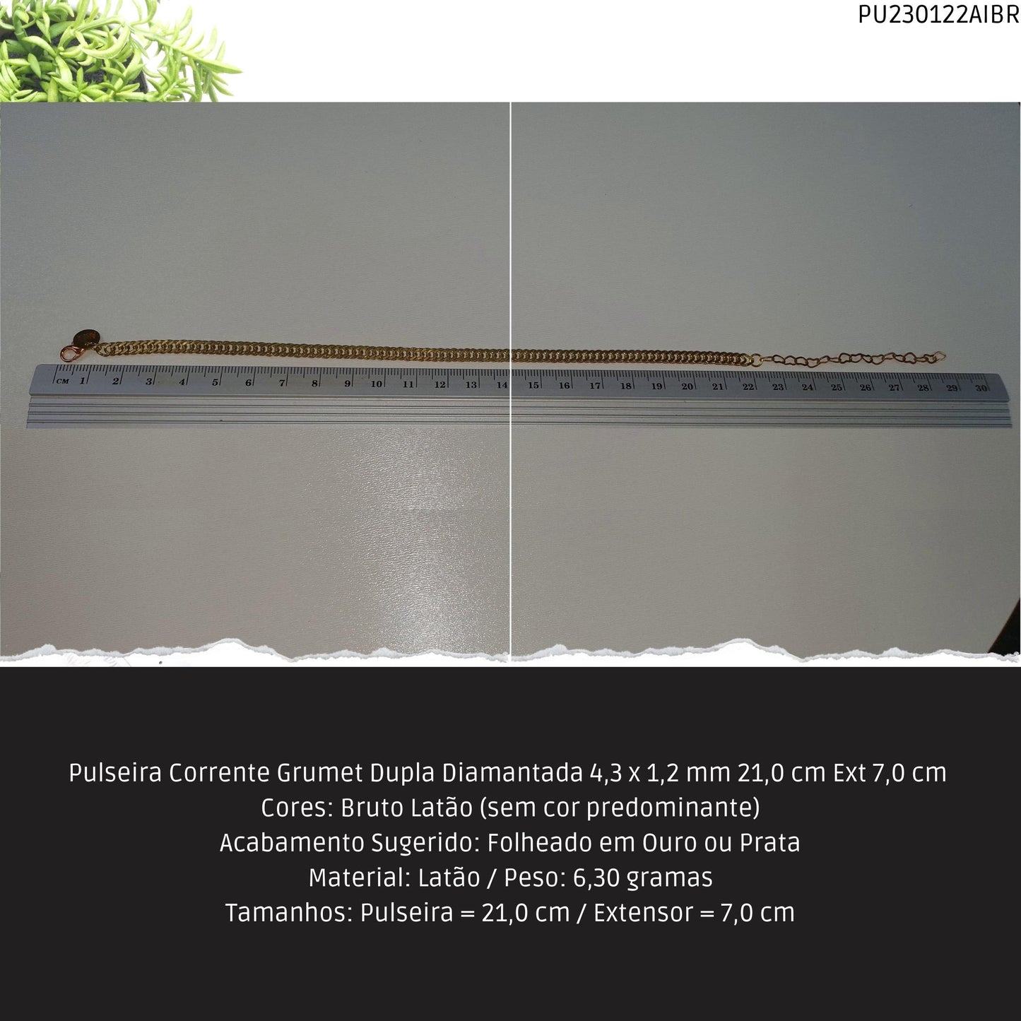Pulseira Corrente Grumet Dupla Diamantada 4.3 x 1.2 mm 21.0 cm Ext 7.0 cm   - Código.: PU230122AIBR  - Peso.: 6.3 gr