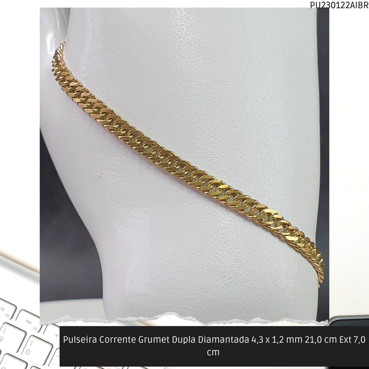 Pulseira Corrente Grumet Dupla Diamantada 4.3 x 1.2 mm 21.0 cm Ext 7.0 cm   - Código.: PU230122AIBR  - Peso.: 6.3 gr