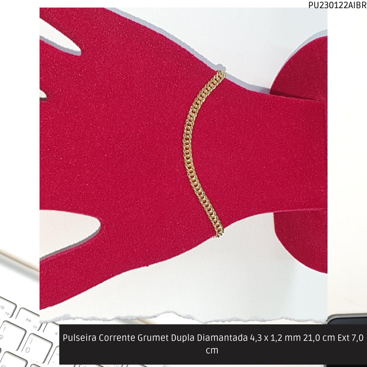 Pulseira Corrente Grumet Dupla Diamantada 4.3 x 1.2 mm 21.0 cm Ext 7.0 cm   - Código.: PU230122AIBR  - Peso.: 6.3 gr