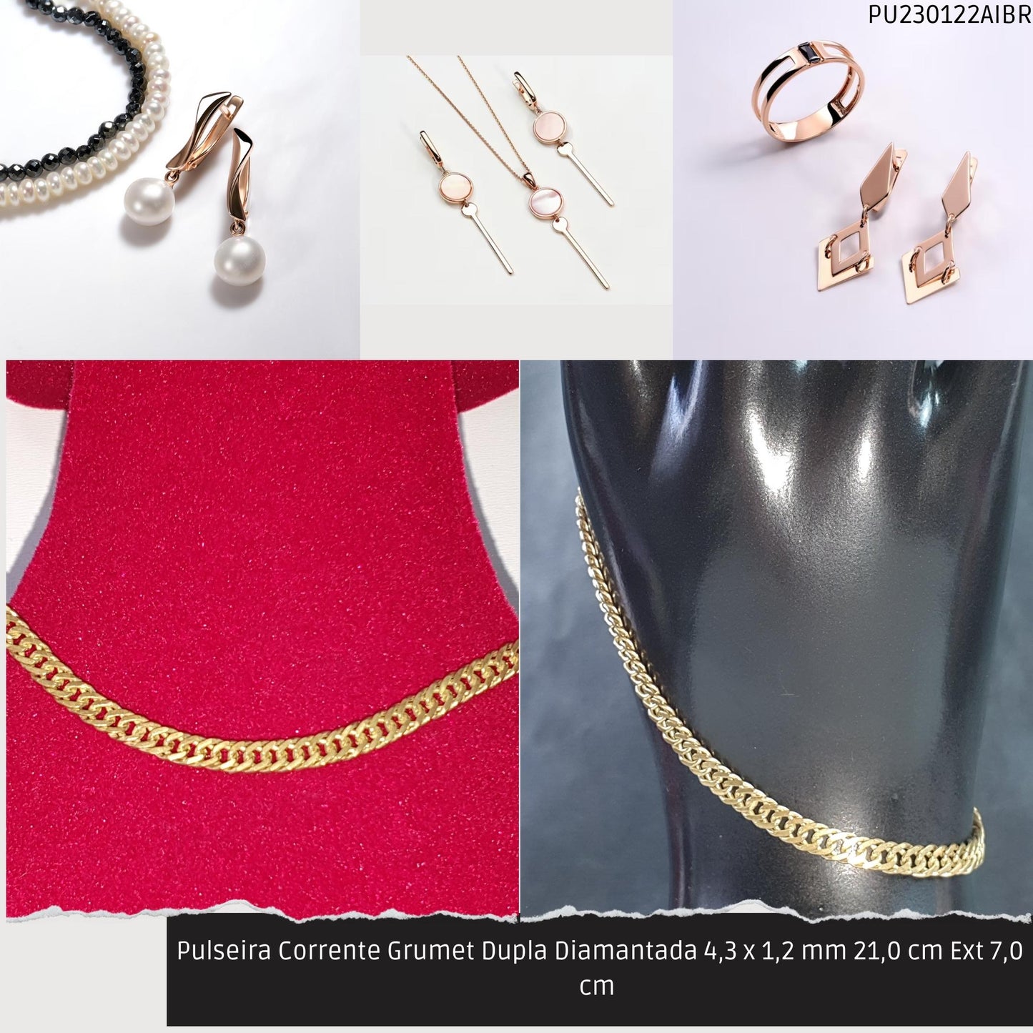 Pulseira Corrente Grumet Dupla Diamantada 4.3 x 1.2 mm 21.0 cm Ext 7.0 cm   - Código.: PU230122AIBR  - Peso.: 6.3 gr