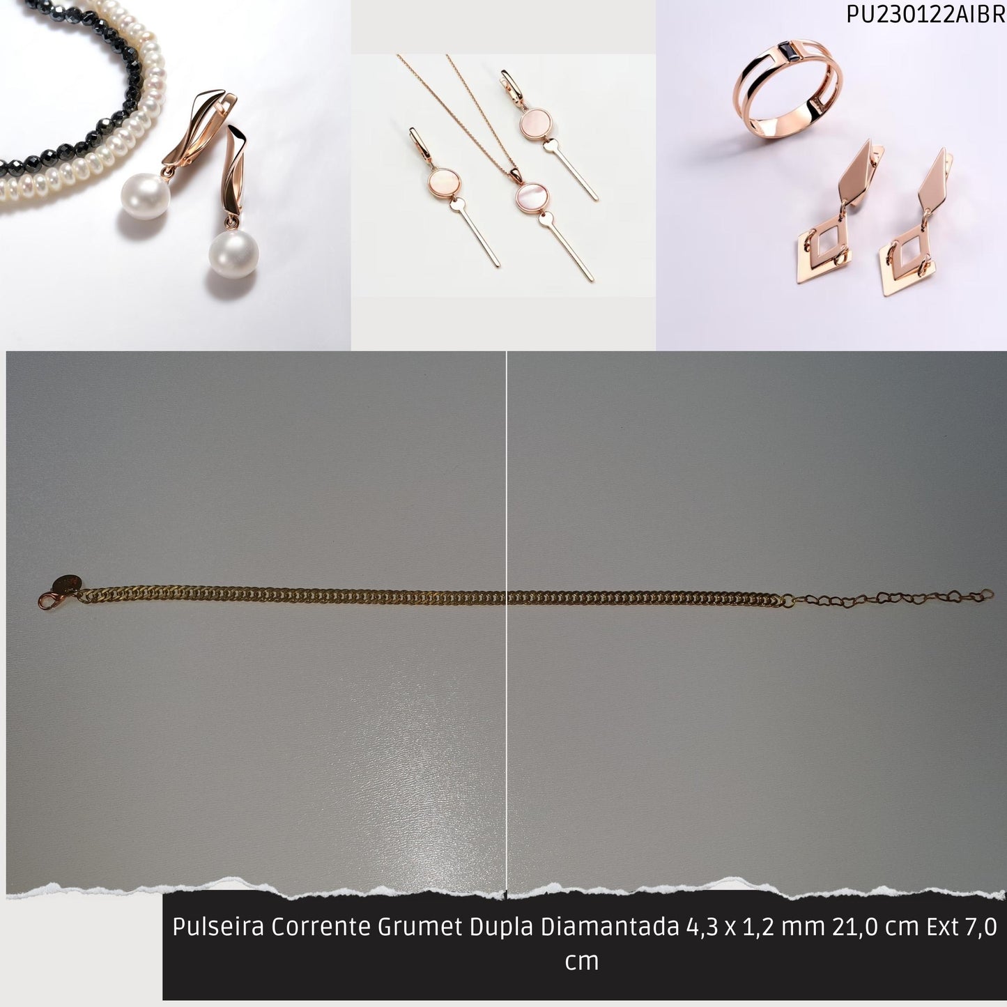 Pulseira Corrente Grumet Dupla Diamantada 4.3 x 1.2 mm 21.0 cm Ext 7.0 cm   - Código.: PU230122AIBR  - Peso.: 6.3 gr