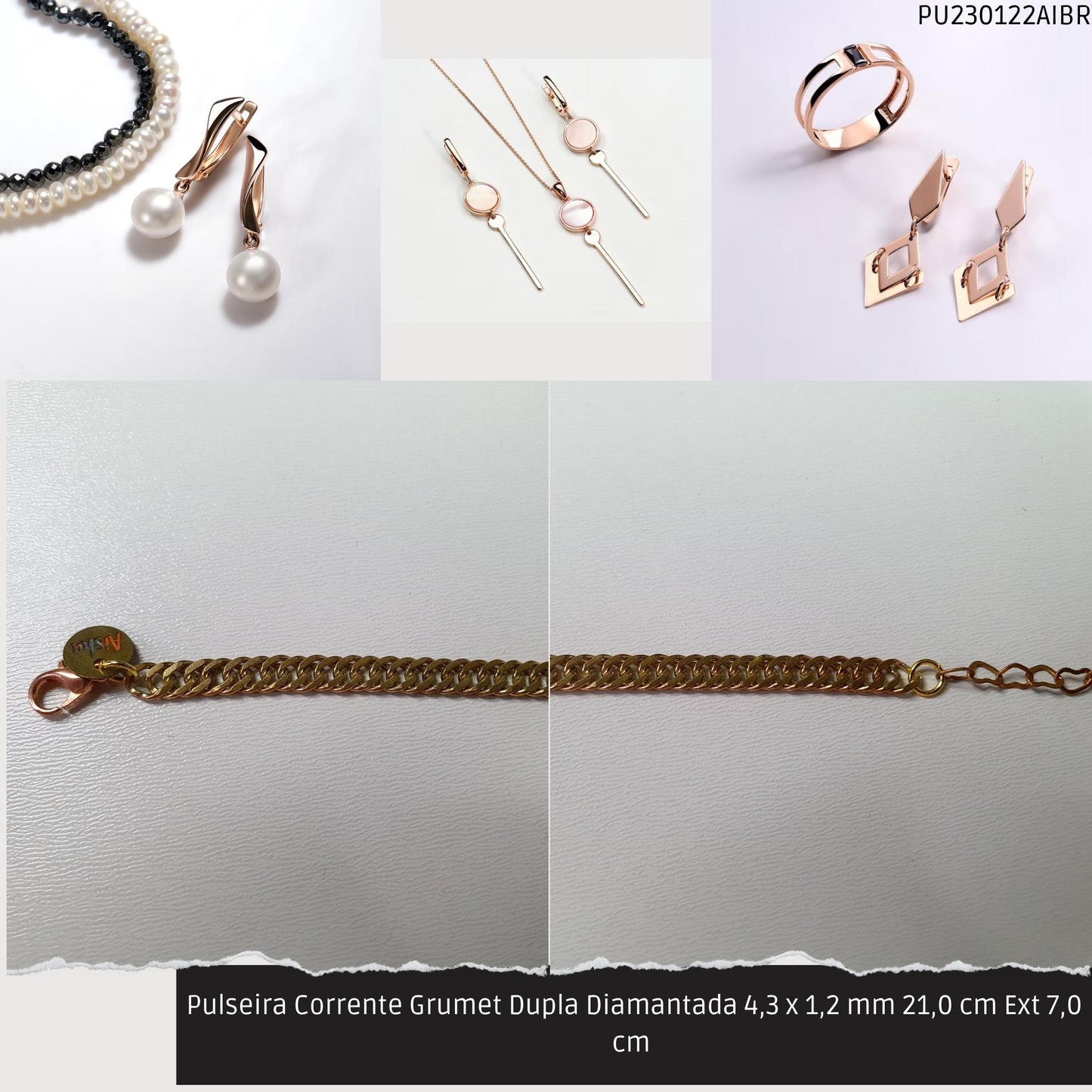 Pulseira Corrente Grumet Dupla Diamantada 4.3 x 1.2 mm 21.0 cm Ext 7.0 cm   - Código.: PU230122AIBR  - Peso.: 6.3 gr