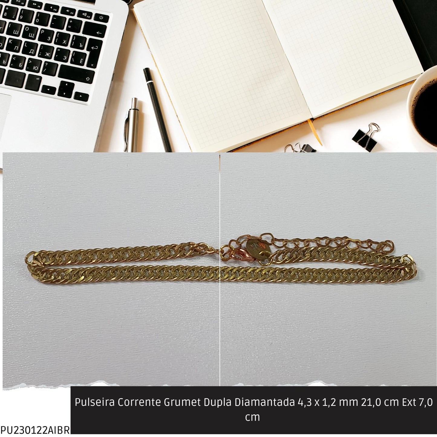 Pulseira Corrente Grumet Dupla Diamantada 4.3 x 1.2 mm 21.0 cm Ext 7.0 cm   - Código.: PU230122AIBR  - Peso.: 6.3 gr