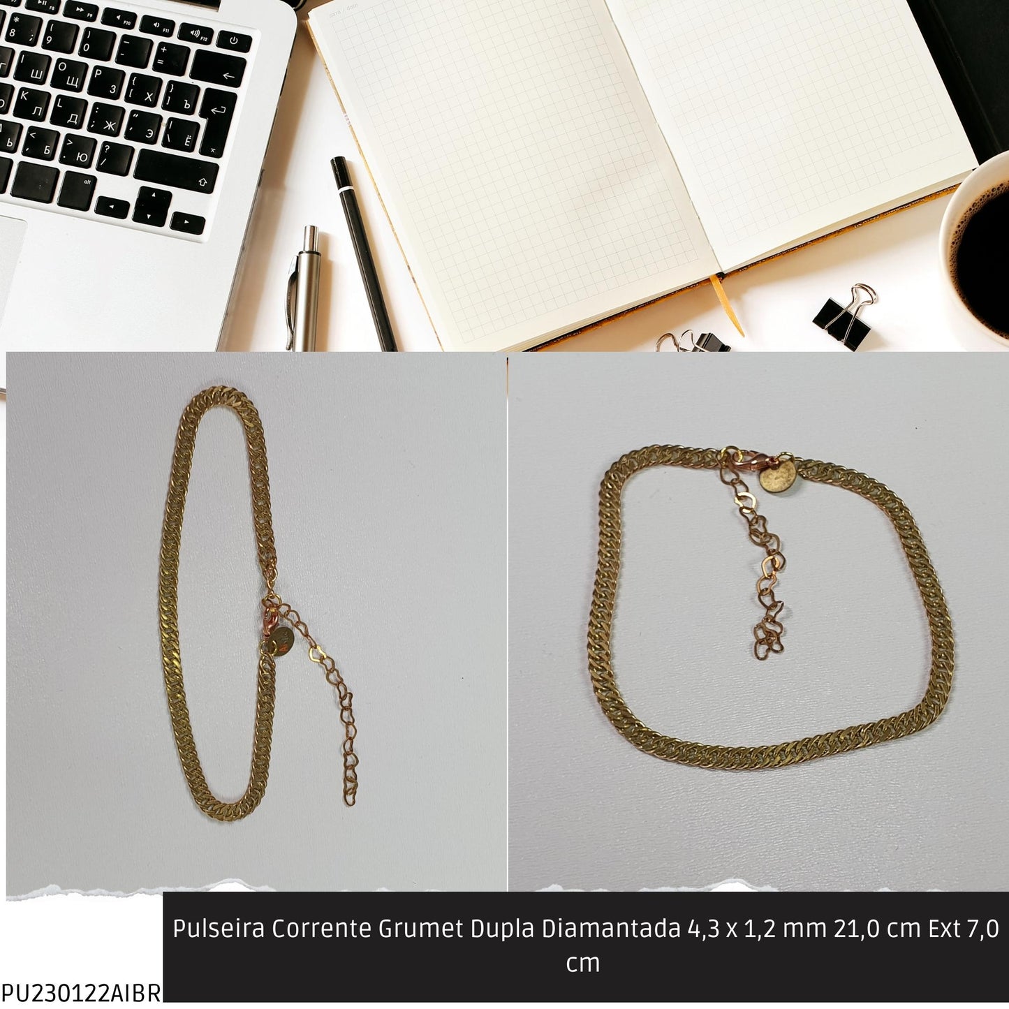 Pulseira Corrente Grumet Dupla Diamantada 4.3 x 1.2 mm 21.0 cm Ext 7.0 cm   - Código.: PU230122AIBR  - Peso.: 6.3 gr