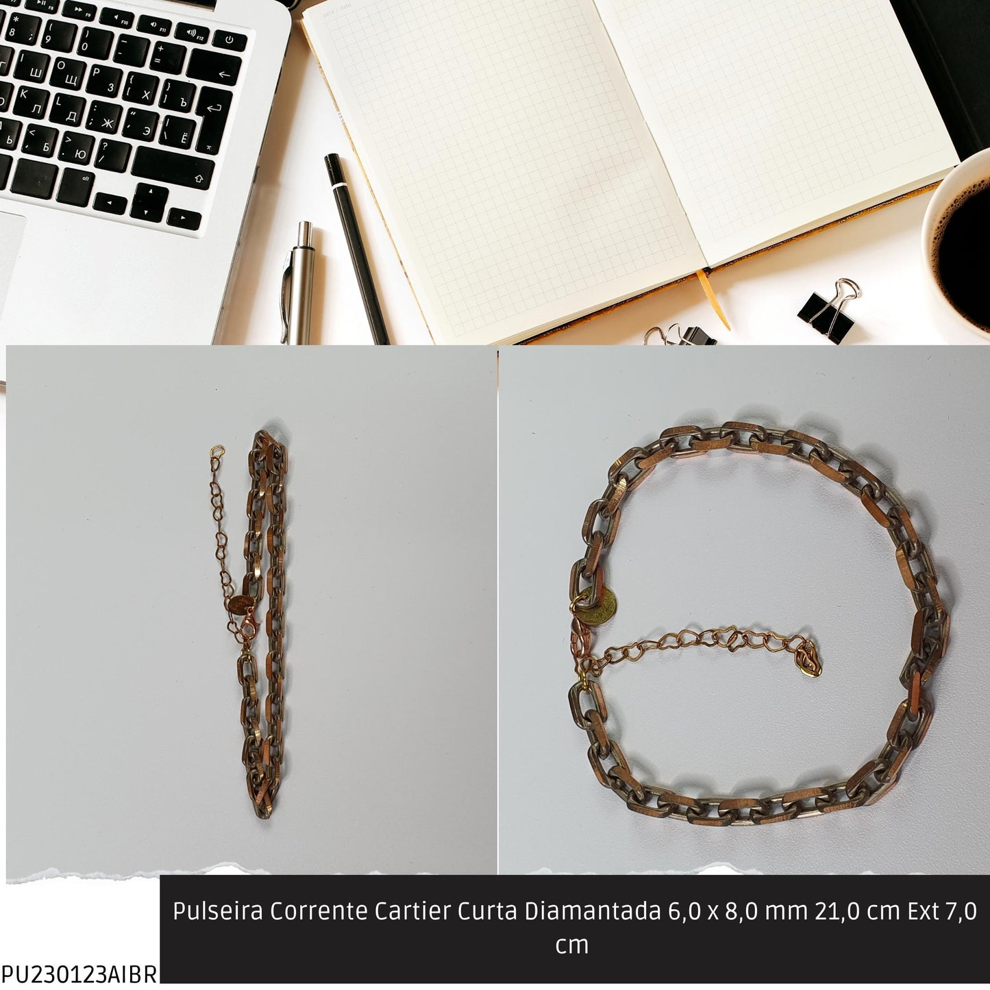 Pulseira Corrente Cartier Curta Diamantada 6.0 x 8.0 mm 21.0 cm Ext 7.0 cm   - Código.: PU230123AIBR  - Peso.: 14.0 gr