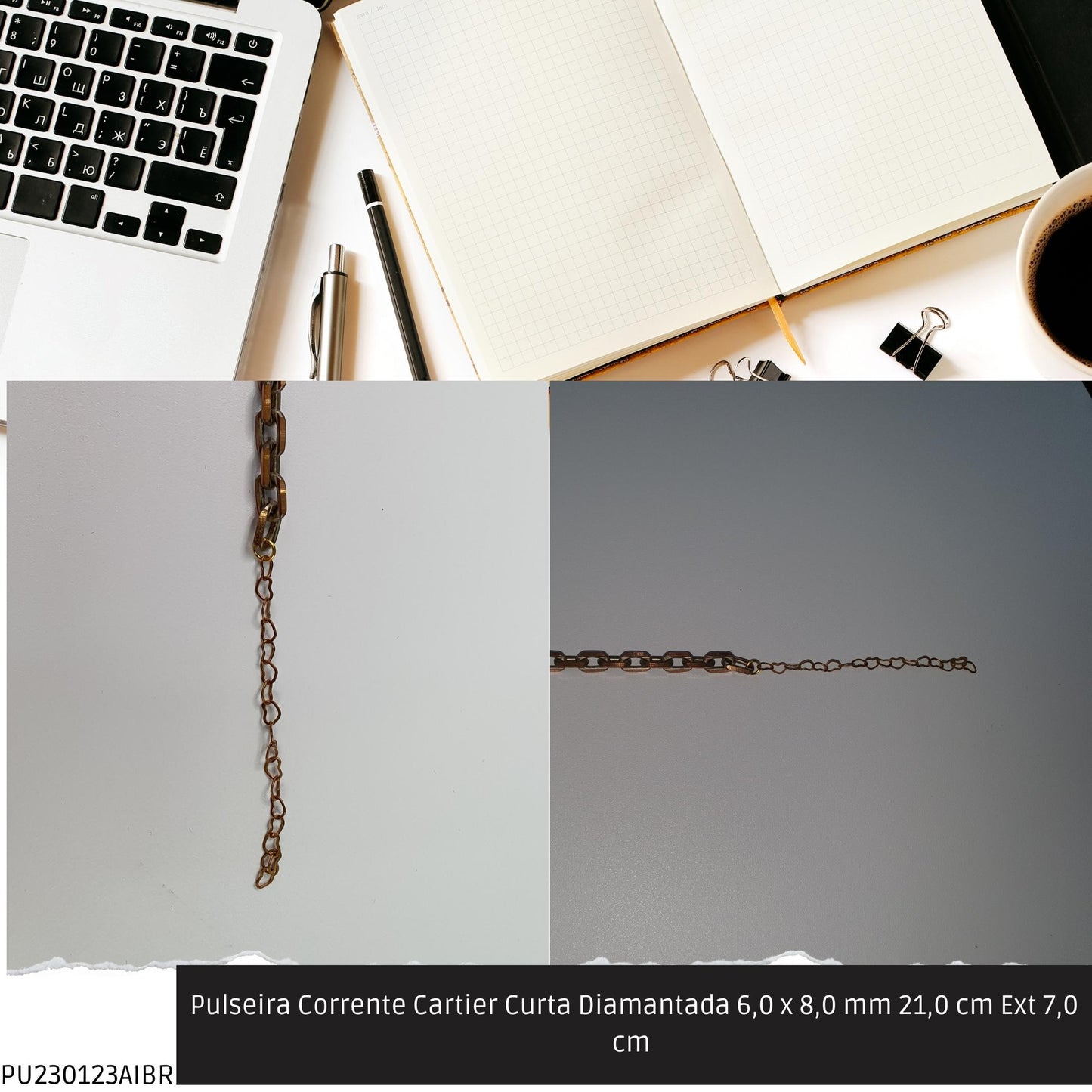 Pulseira Corrente Cartier Curta Diamantada 6.0 x 8.0 mm 21.0 cm Ext 7.0 cm   - Código.: PU230123AIBR  - Peso.: 14.0 gr
