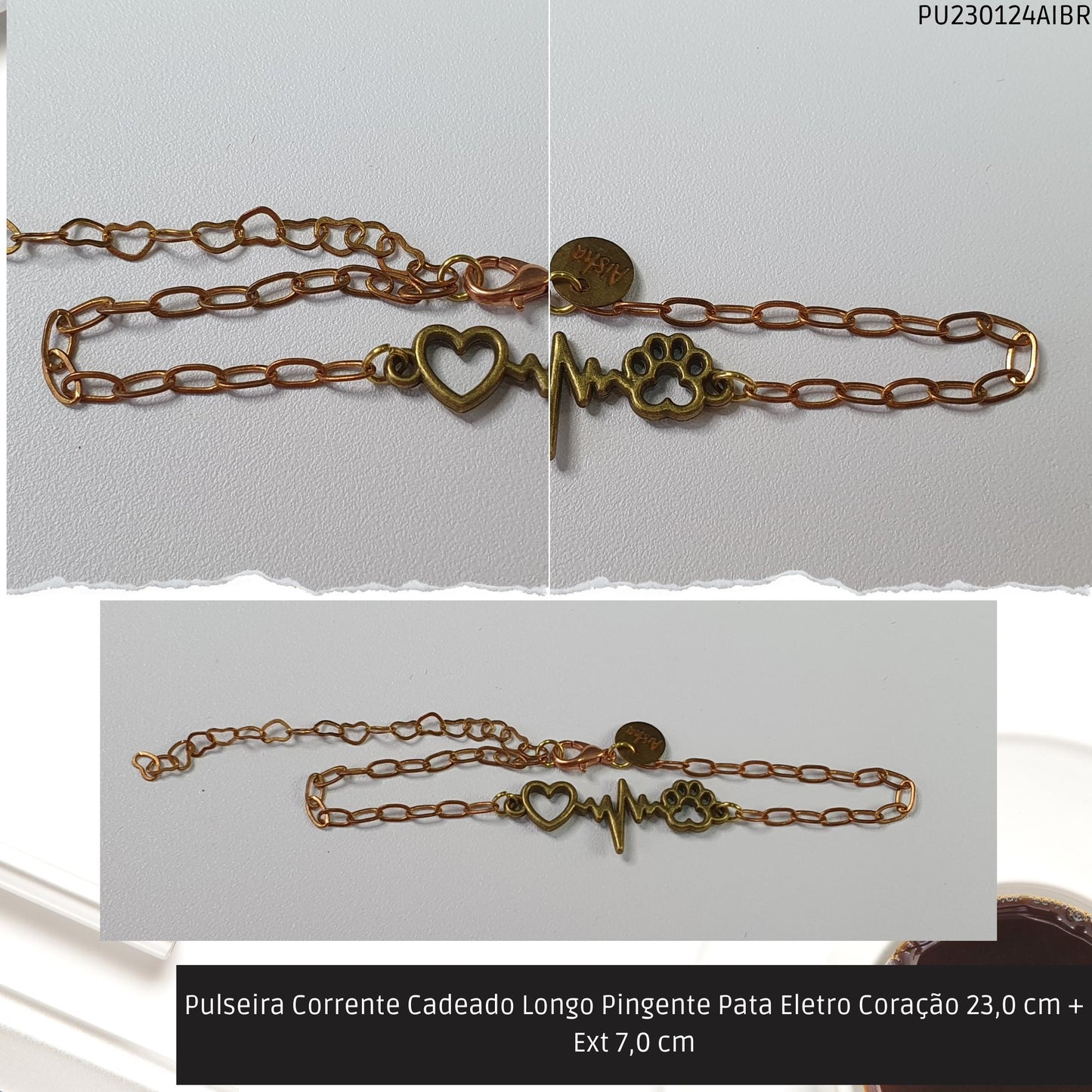 Pulseira Corrente Cadeado Longo Pingente Pata Eletro Coração 23.0 cm + Ext 7.0 cm  - Código.: PU230124AIBR  - Peso.: 2.8 gr