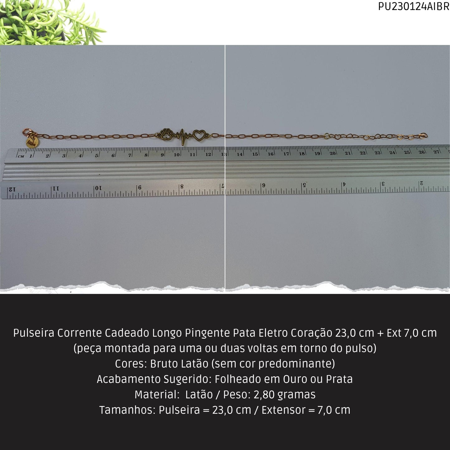 Pulseira Corrente Cadeado Longo Pingente Pata Eletro Coração 23.0 cm + Ext 7.0 cm  - Código.: PU230124AIBR  - Peso.: 2.8 gr