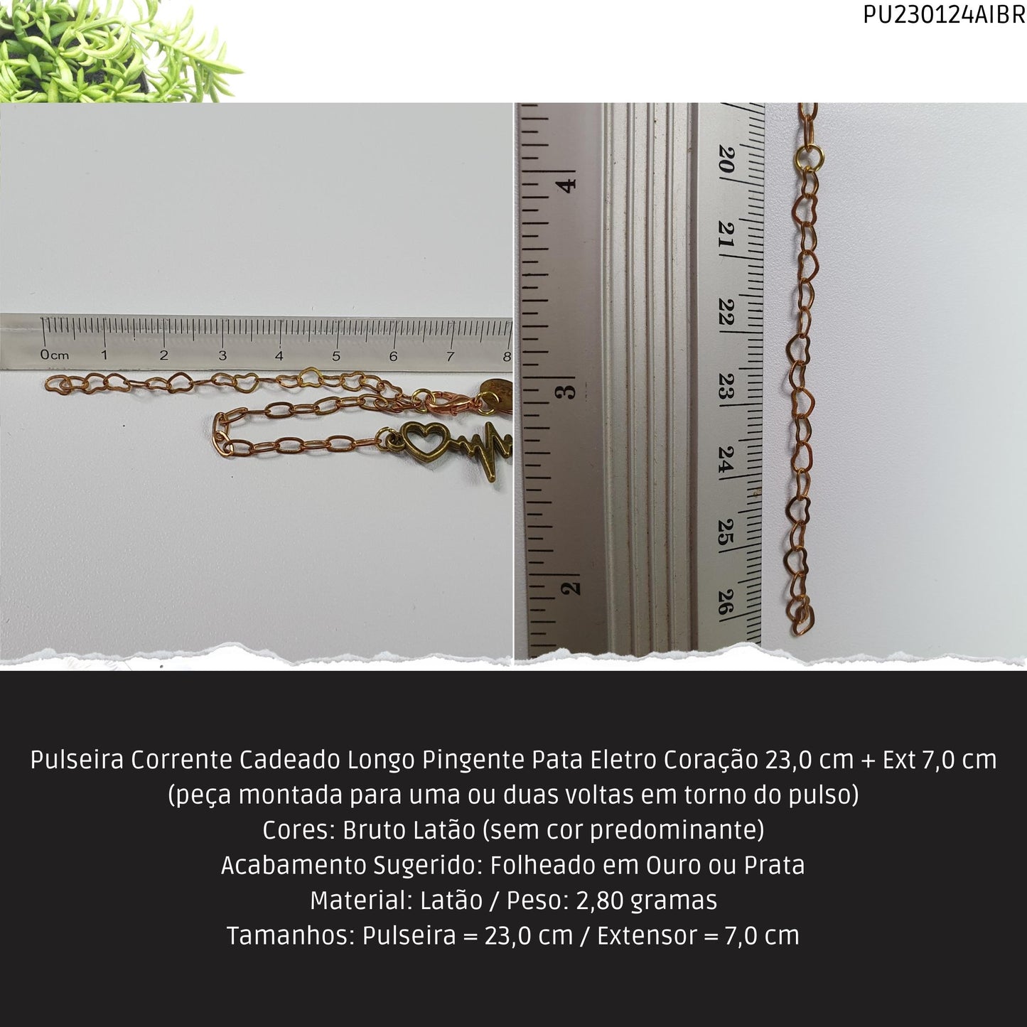 Pulseira Corrente Cadeado Longo Pingente Pata Eletro Coração 23.0 cm + Ext 7.0 cm  - Código.: PU230124AIBR  - Peso.: 2.8 gr