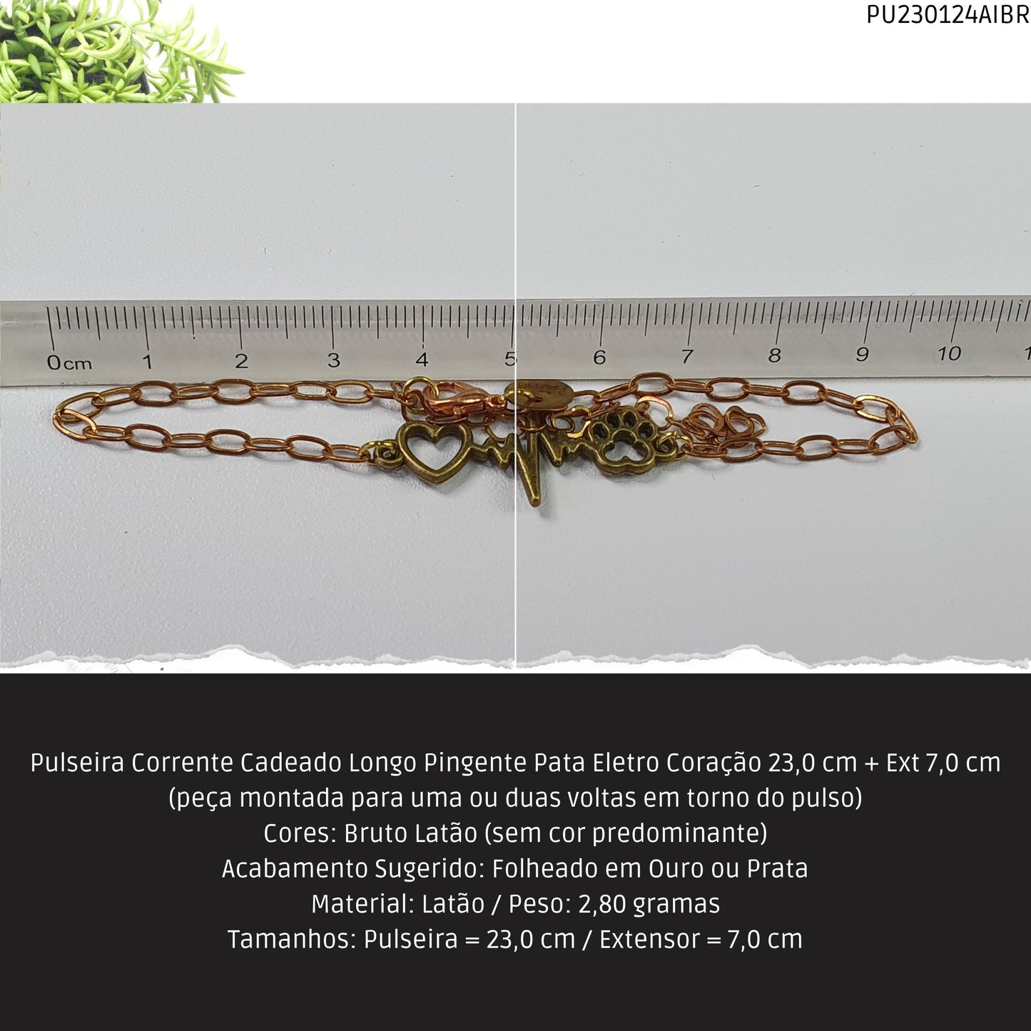 Pulseira Corrente Cadeado Longo Pingente Pata Eletro Coração 23.0 cm + Ext 7.0 cm  - Código.: PU230124AIBR  - Peso.: 2.8 gr