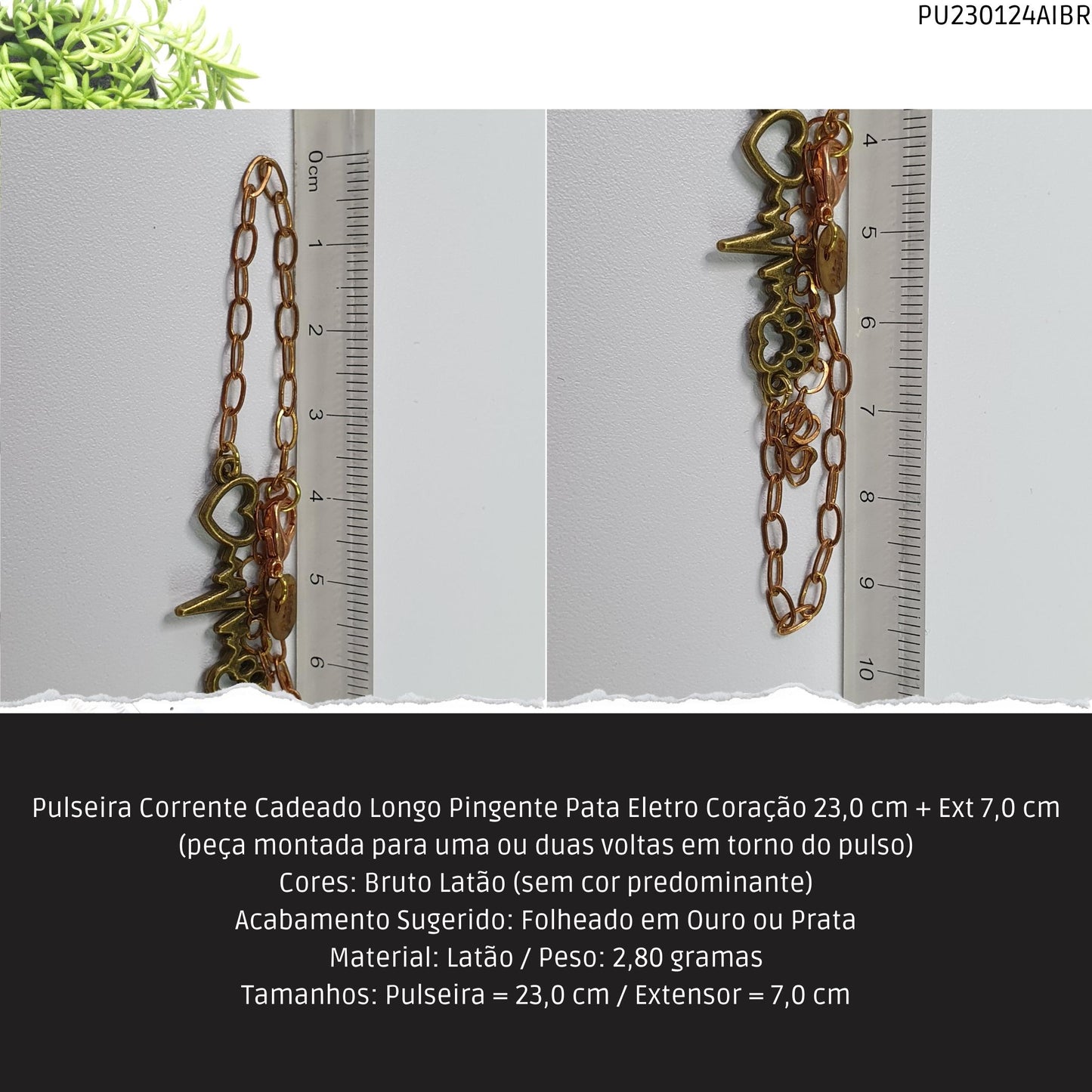 Pulseira Corrente Cadeado Longo Pingente Pata Eletro Coração 23.0 cm + Ext 7.0 cm  - Código.: PU230124AIBR  - Peso.: 2.8 gr