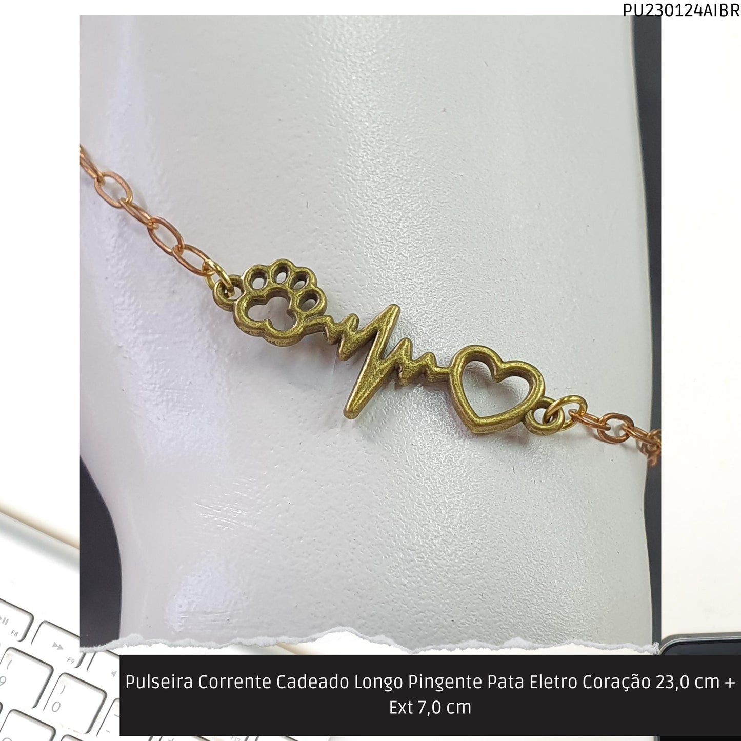 Pulseira Corrente Cadeado Longo Pingente Pata Eletro Coração 23.0 cm + Ext 7.0 cm  - Código.: PU230124AIBR  - Peso.: 2.8 gr